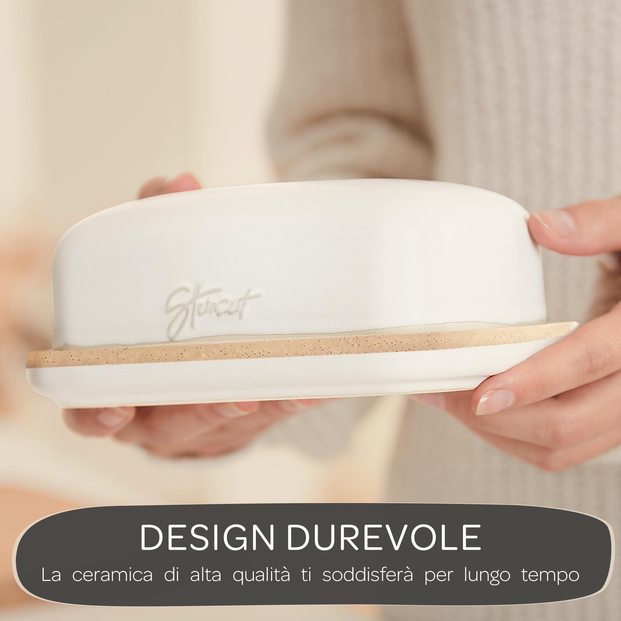 Steinzeit Burriera Design - Porta burro da frigorifero - burriera in ceramica per tutti i tipi di burro comuni (250 g) - Piatto per burro adatto alla lavastoviglie - portaburro da frigo