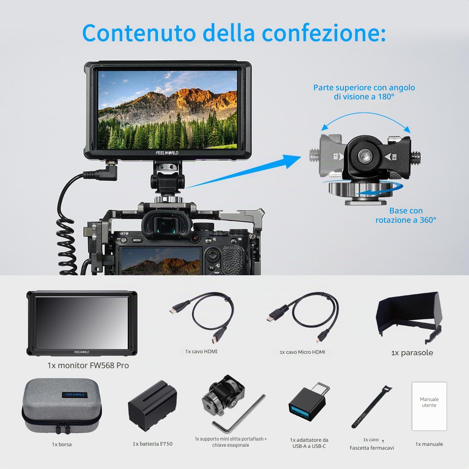 FEELWORLD FW568PRO 6 Pollici Monitor da Campo,1200nit DSLR Monitor Fotocamera con batteria F750 e borsa per il trasporto 4K HDMI, 3D Lut Focus Peaking Assist Full Waveform Video Field Monitor