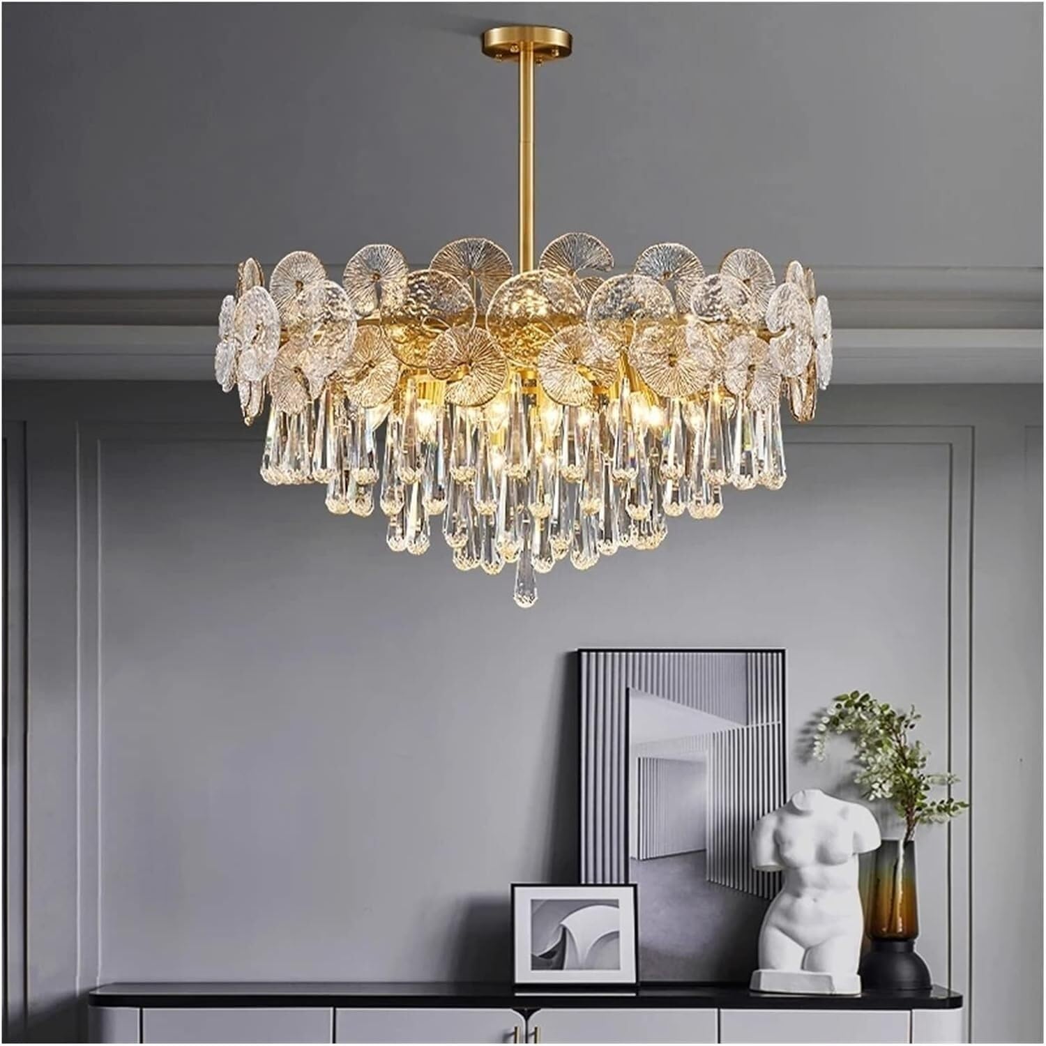 Jybnbbe D100xh45cm Crystal Chandeliers Post-Modern Crystal Chandelier Lights - Light Luxury Glass Copper Pendant Lamp Living Bedroom Restaurant Hanging Light,-Warm White
