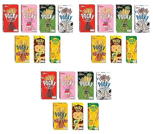 Glico Pocky Biscuit Stick - Paquete variado de 7 sabores (paquete de 7) chocolate de bolsillo, fresa, té verde matcha, galletas y crema, almendras,