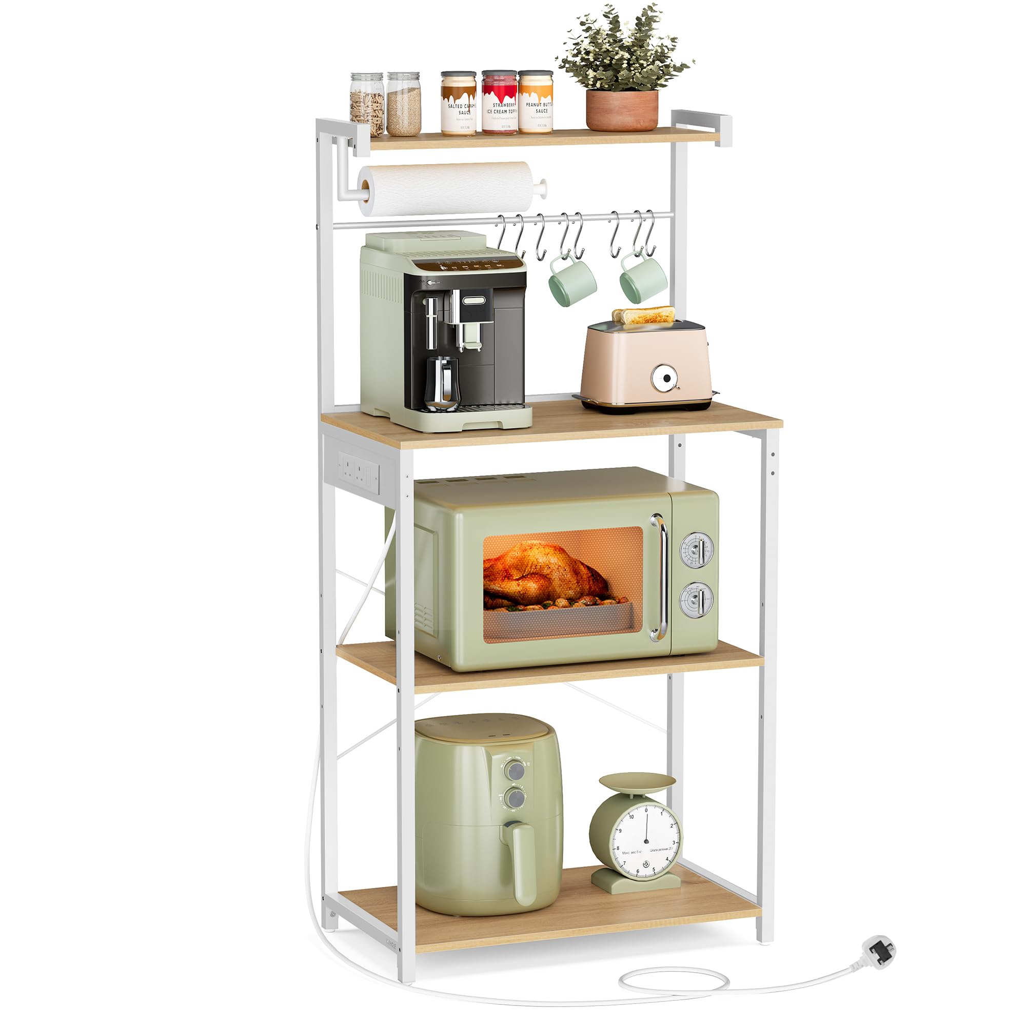 VASAGLE Kitchen Bakers Rack with Power Outlet, 4-Tier Coffee Bar with Adjustable Shelf, Microwave Stand, Paper Towel Holder, 40 x 60 x 140 cm, Golden Oak and Matte White KKS014Y04