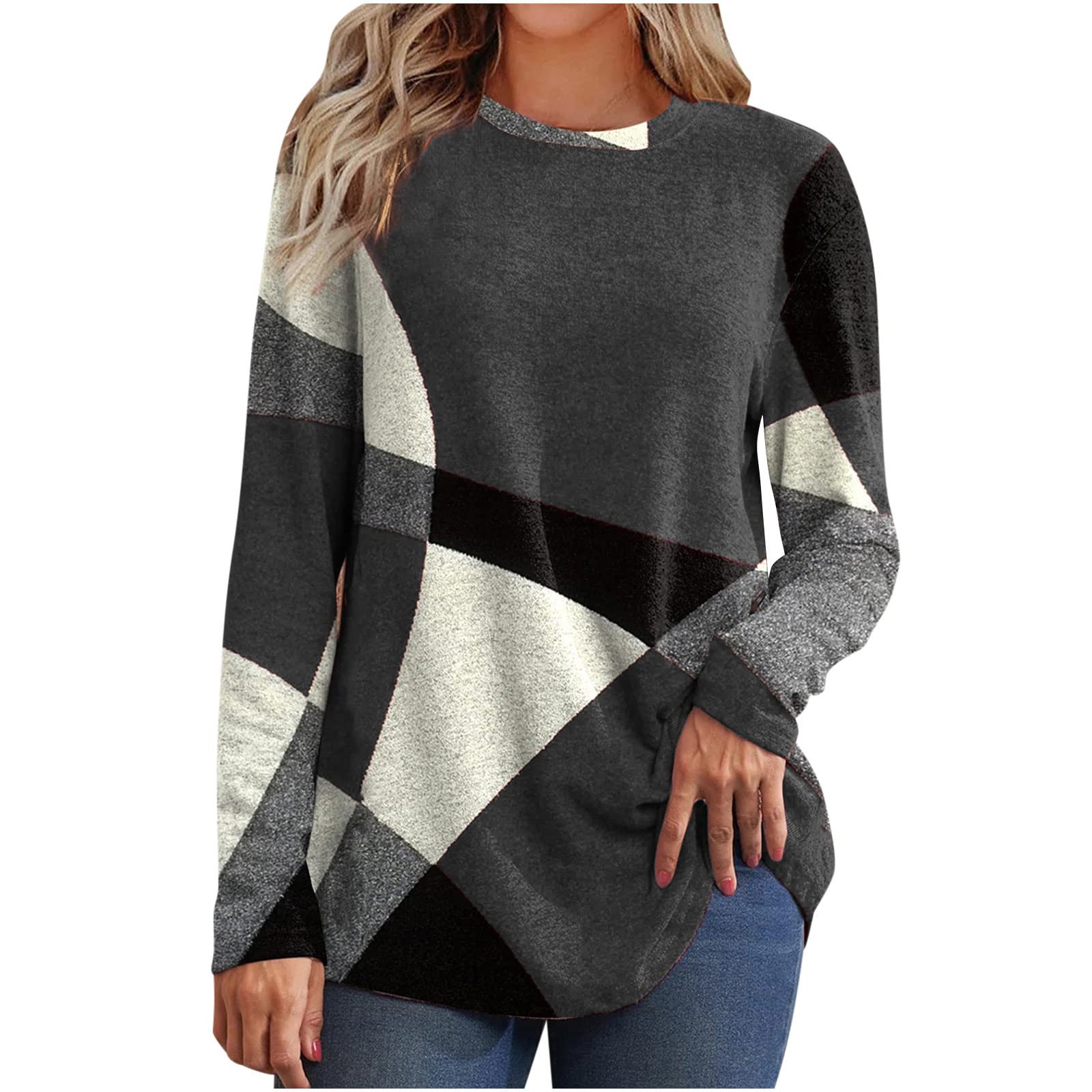 NUSGEAR 2022 Camiseta de Manga Larga de Mujer, Elegante Blusa Largo Camisa Moda Cuello Redondo Casual geometría impresión Basica Sudadera Suelto Primavera Tops Fiesta Tumblr Sudadera T-Shirt Original Jersey