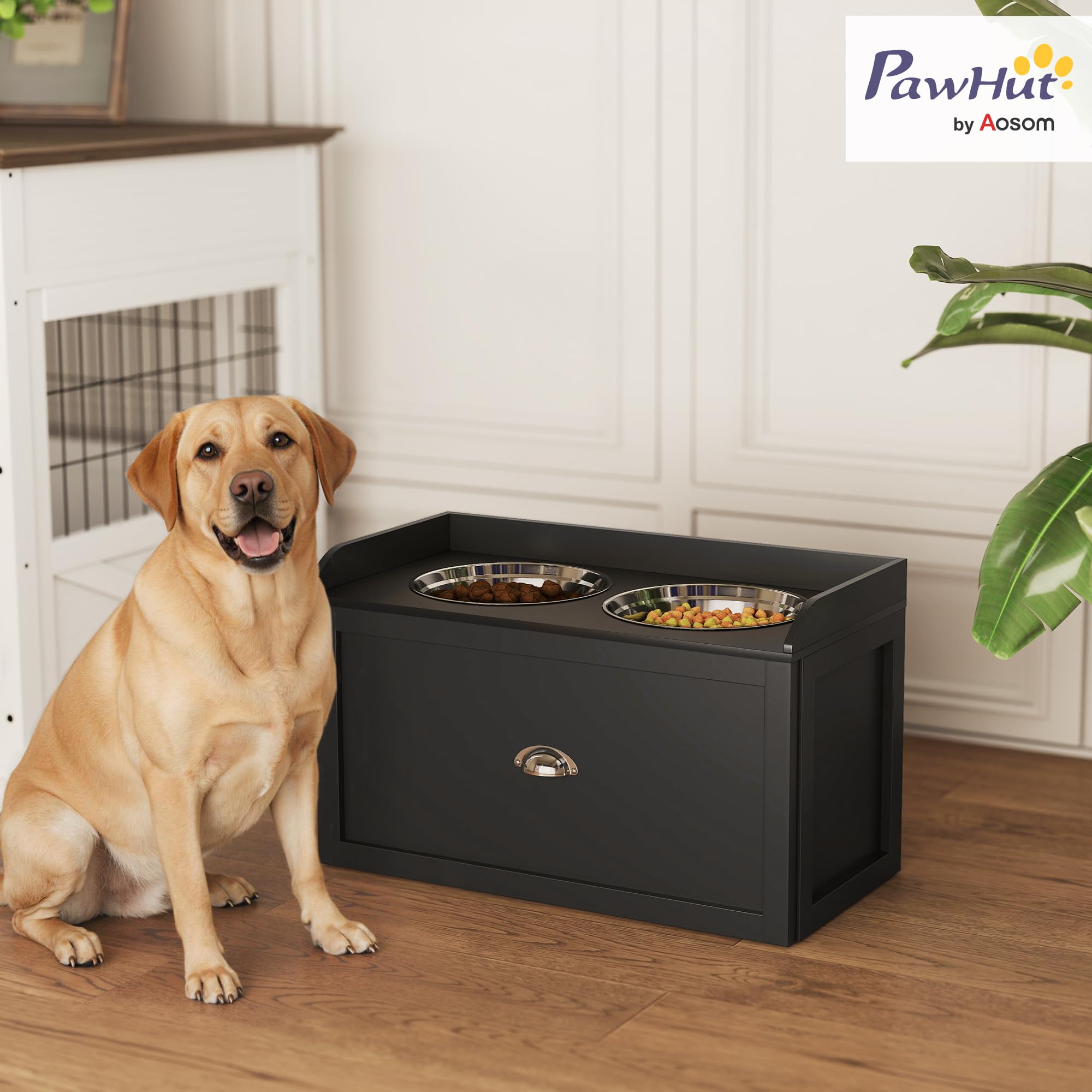 PawHut - Cuenco elevado, para gatos elevados, 2 en 1, cajón y 2 cuencos de 2 litros, acero inoxidable y madera, color negro