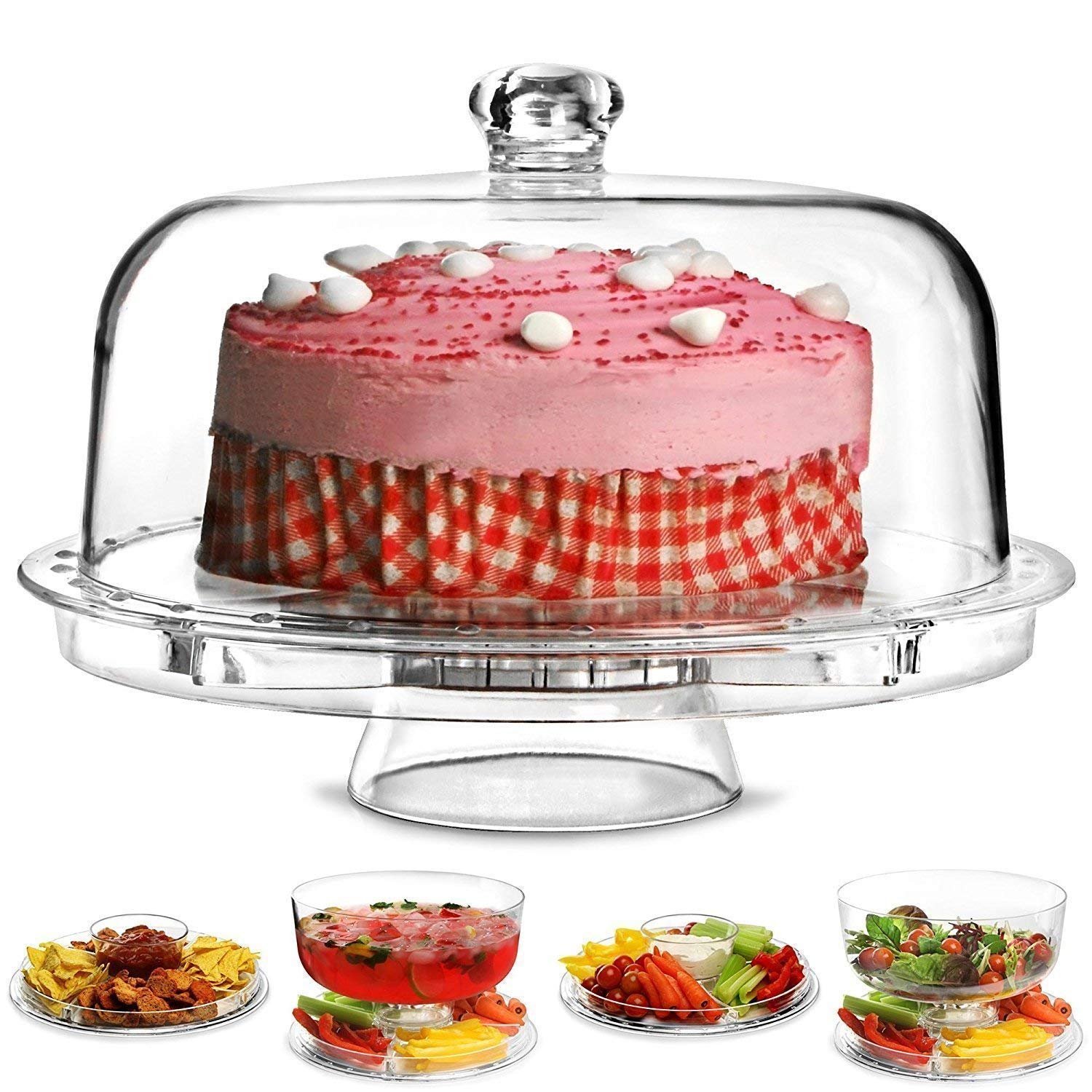 KPS 3 in 1 Cake Stand with Dome Lid- Serving Platter - Use as Salad Bowl/Veggie Platter/Punch Bowl/Desert Platter/Nachos & Salsa Plate Acrylic Cake Stand Fruits Party Tray Cupcake Fruit Stand