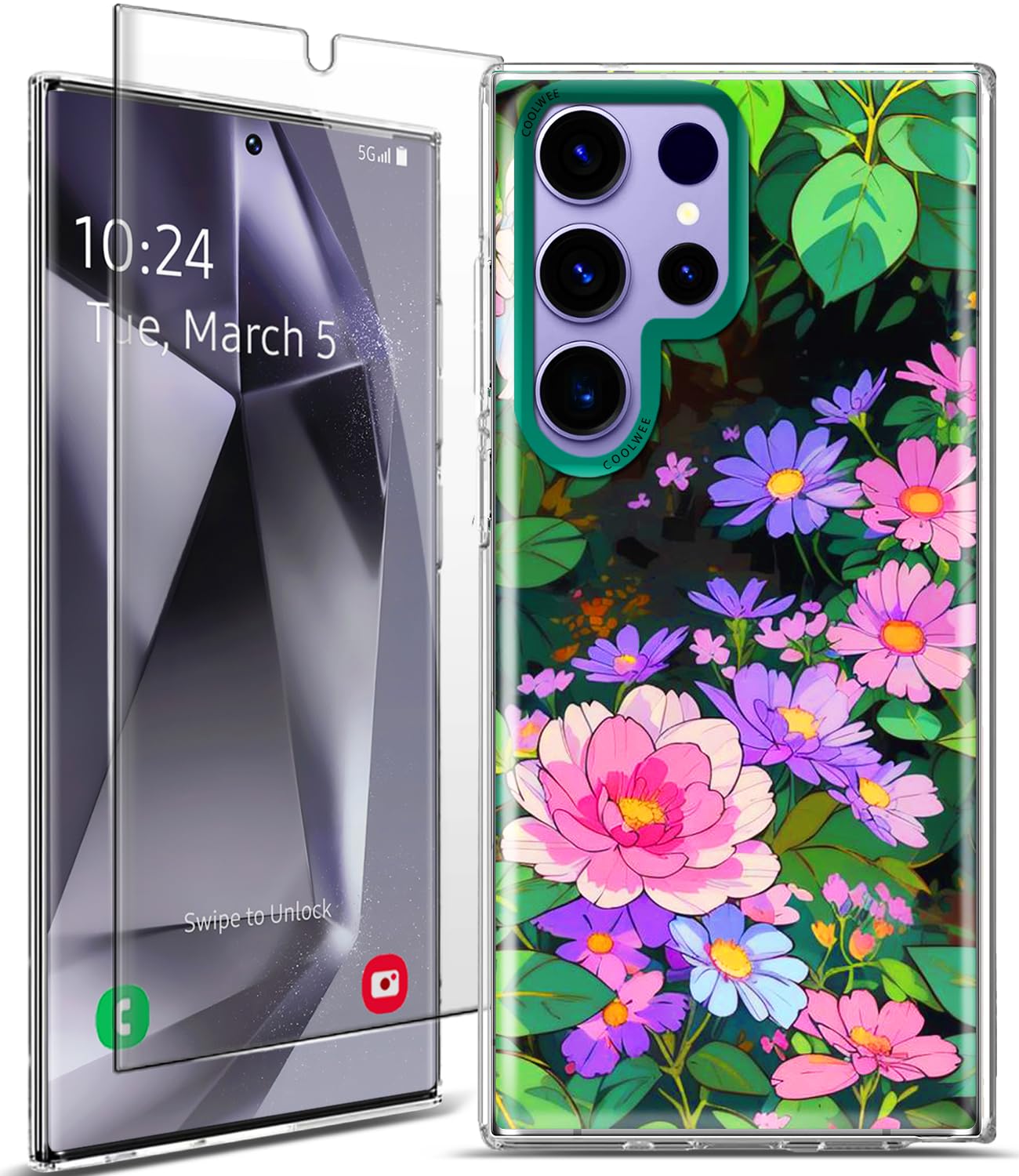 Coolwee for Samsung Galaxy S24 Ultra Case with Screen Protector (6.6 FT Military Drop Protection) Women Girls Slim Hard Back Cover Soft TPU Bumper for S24 Ultra Case Green Tropical Purple Pink Floral