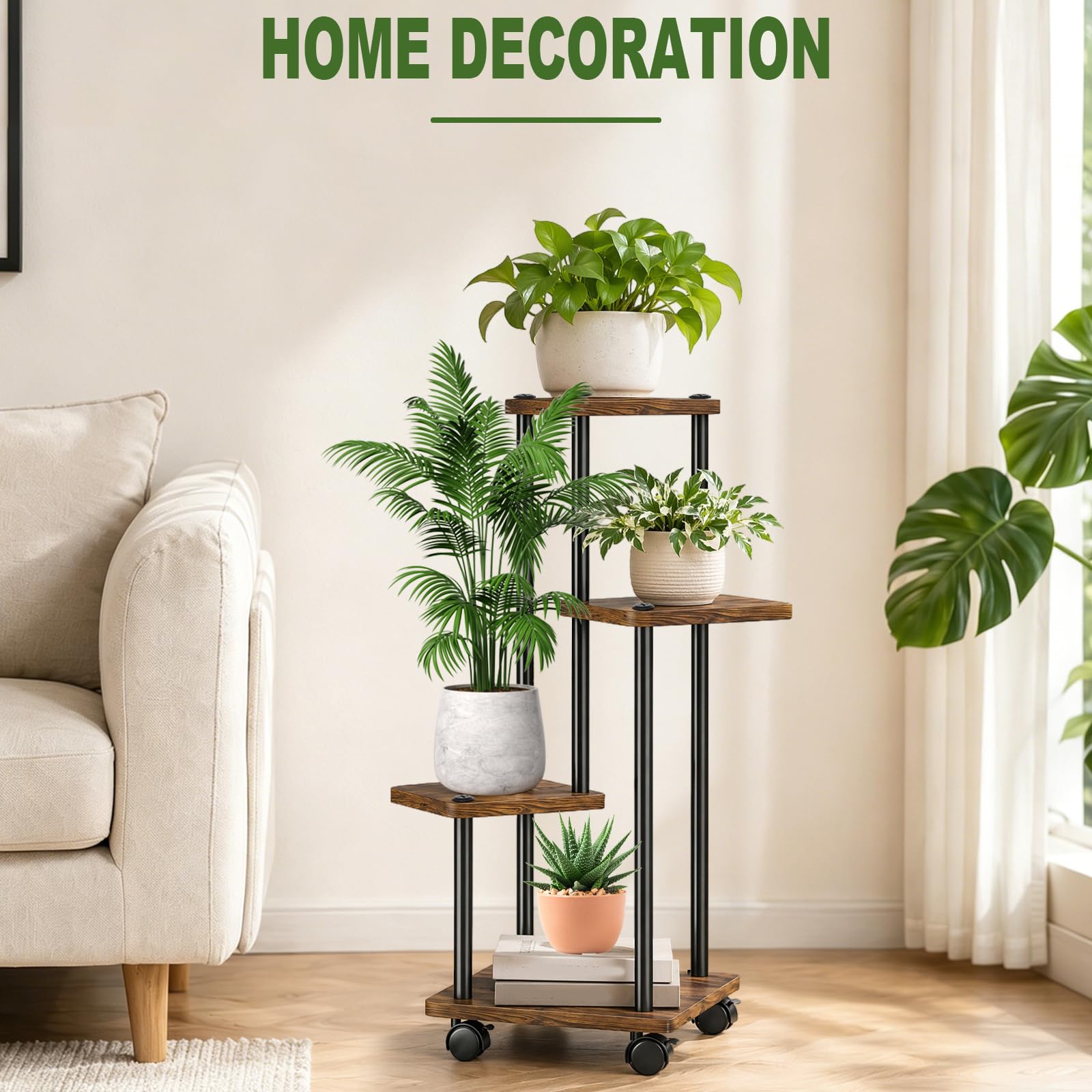 Support Plantes Intérieur À 5 Niveaux à roulettes, Porte Plante Intérieur, Étagère Plante En Métal Brun pour Intérieur Salon Jardin Extérieur, Marron (Sans Plantes)