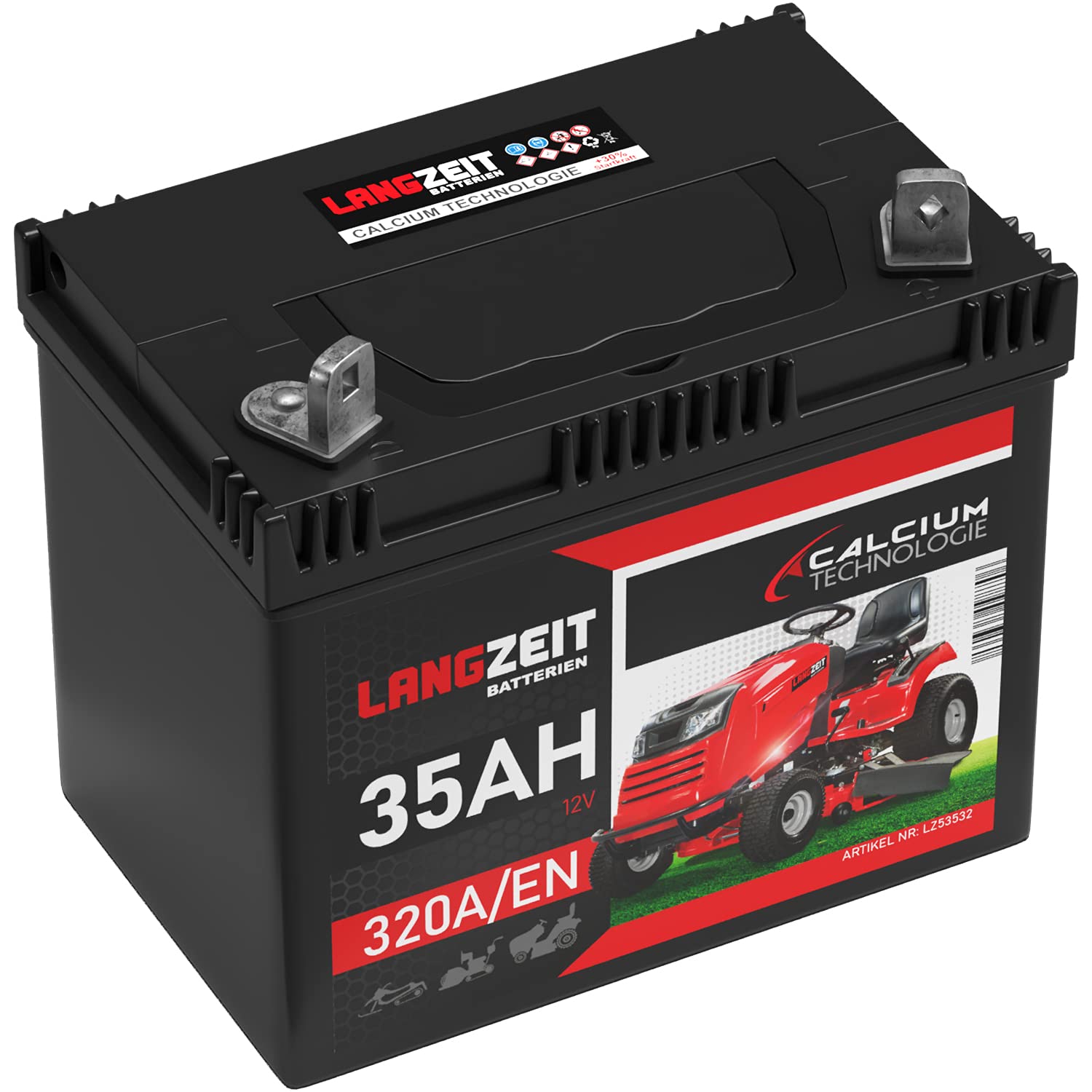 Langzeit Rasentraktor Batterie 12V 35Ah Starterbatterie Aufsitzmäher Rasenmäher Plus Pol RECHTS statt 26Ah 30Ah 32Ah
