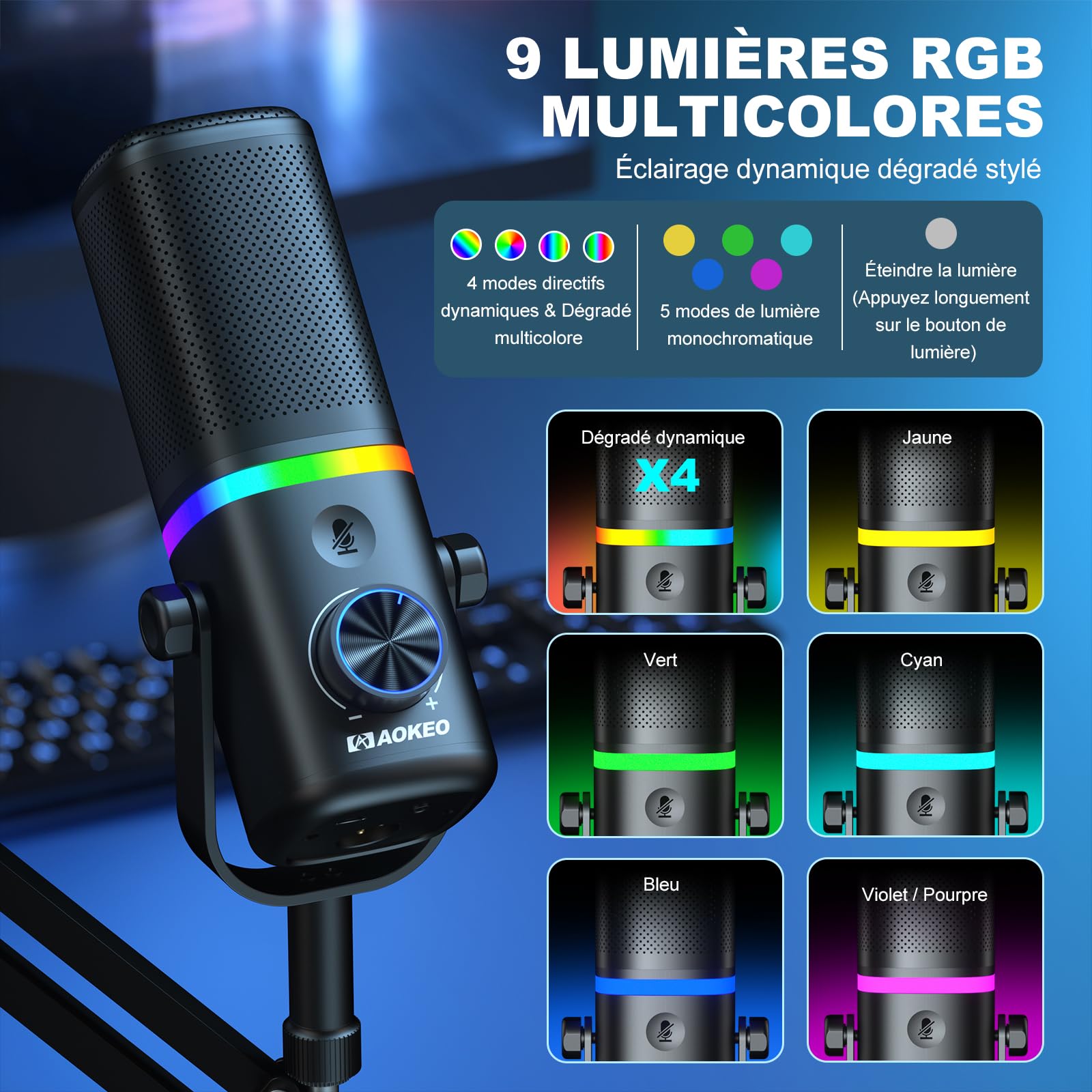 Aokeo AK-10 Microphone de Jeu USB avec Bras Micro, Microphone à condensateur pour PC/Mac/PS4/PS5/téléphone - Micro cardioïde avec éclairage RVB (Blanc)