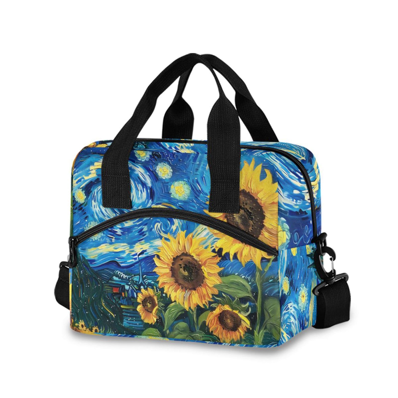 ALAZA Sunflowers Starry Sky Lunch Box for Men Women Adults Insulated Lunch Bag Cooler Bag with Adjustable Shoulder Strap for Work Picnic Travel
