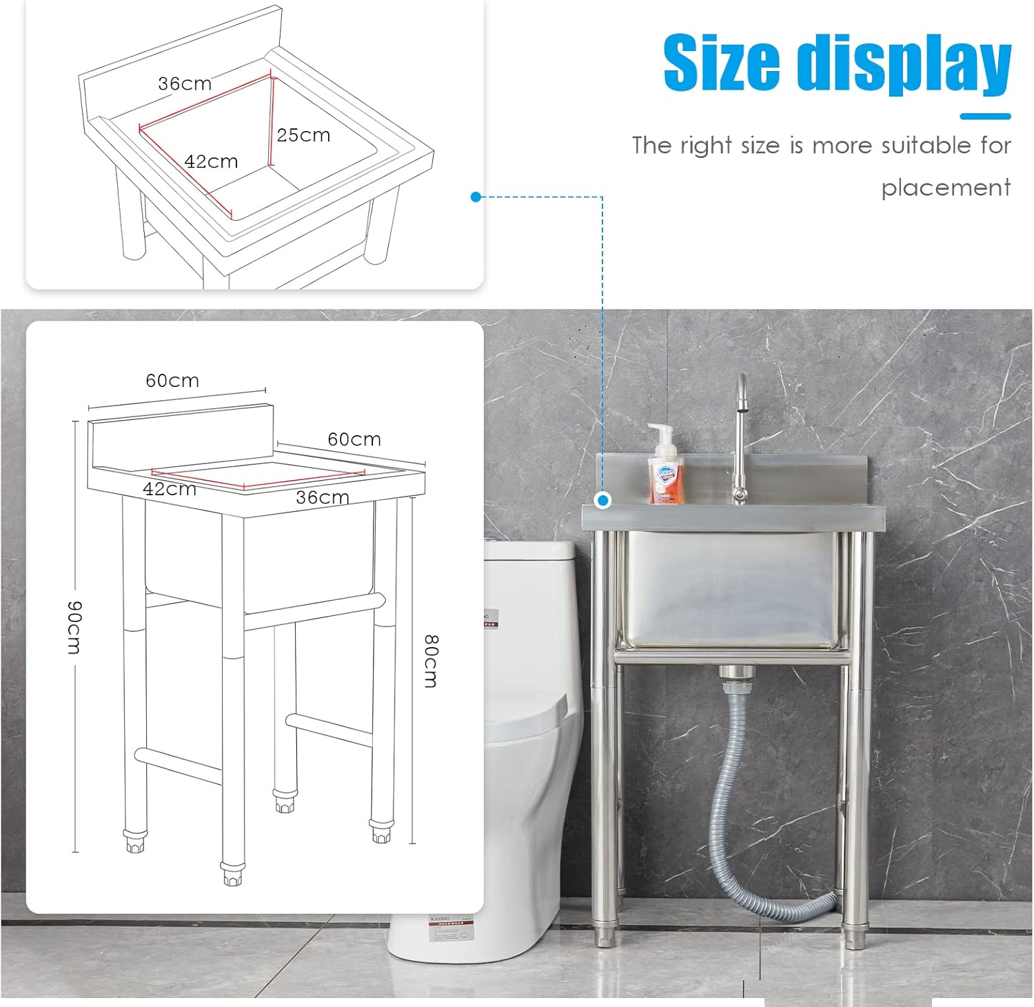 Kitchen Utility Sink,Commercial Kitchen Prep & Utility Sink Bar with Drain Faucet 50cm/60cm