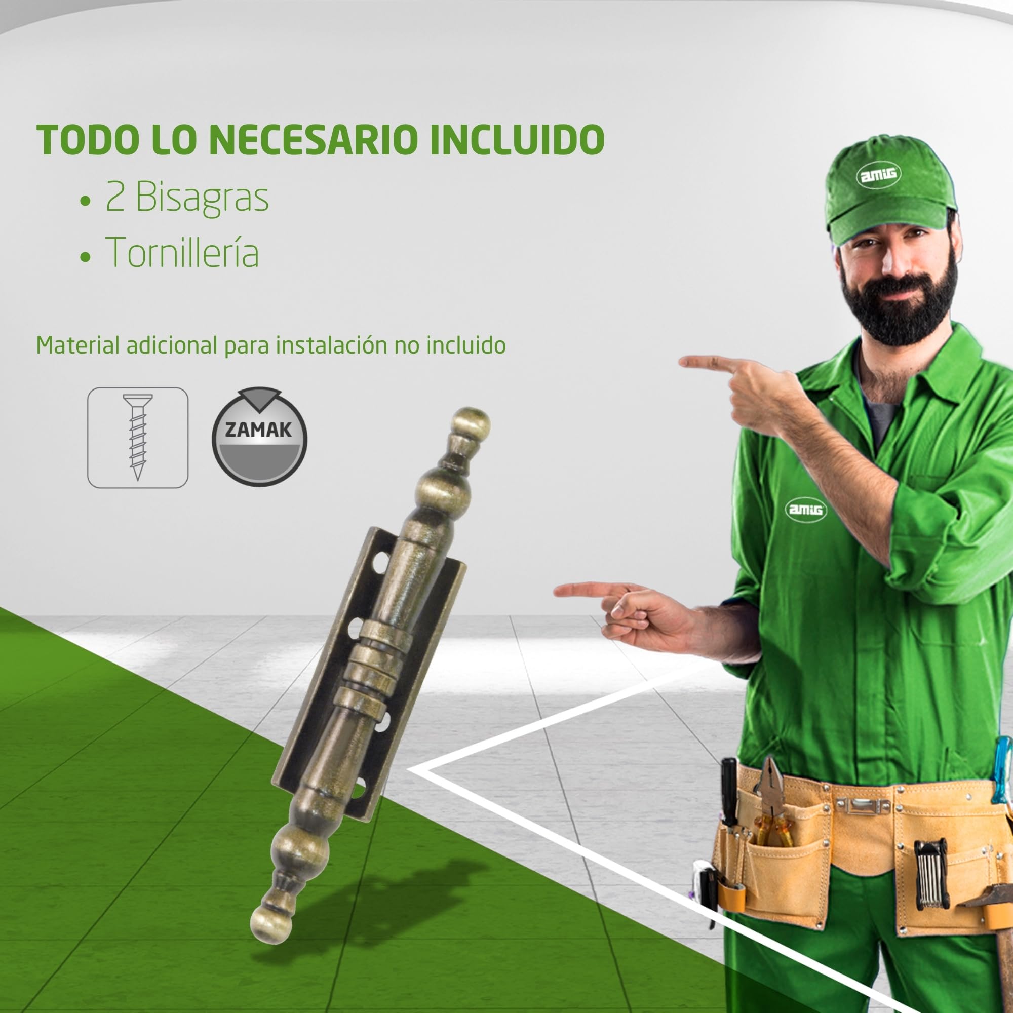 Amig - Bisagra Desmontable Decorativa con Remate - Fabricada en Zamak - Para Puertas Abatibles de Armarios y Otros Muebles - Medidas 100 x 10 mm - Acabado en Cuero