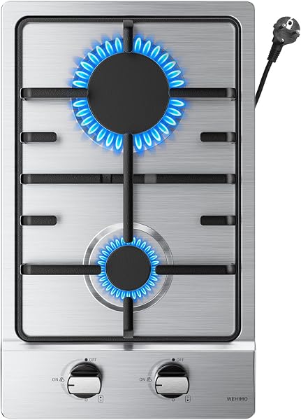 WEHIMO Plaque de Cuisson Gaz 2 Feuxs, Plaque Gaz 2 Feuxs Inox, Cuisinière à Gazs 2 Brûleurs, Encastrable, Grille Fonte, 3700W, Gazs Ville et Bouteille - 1