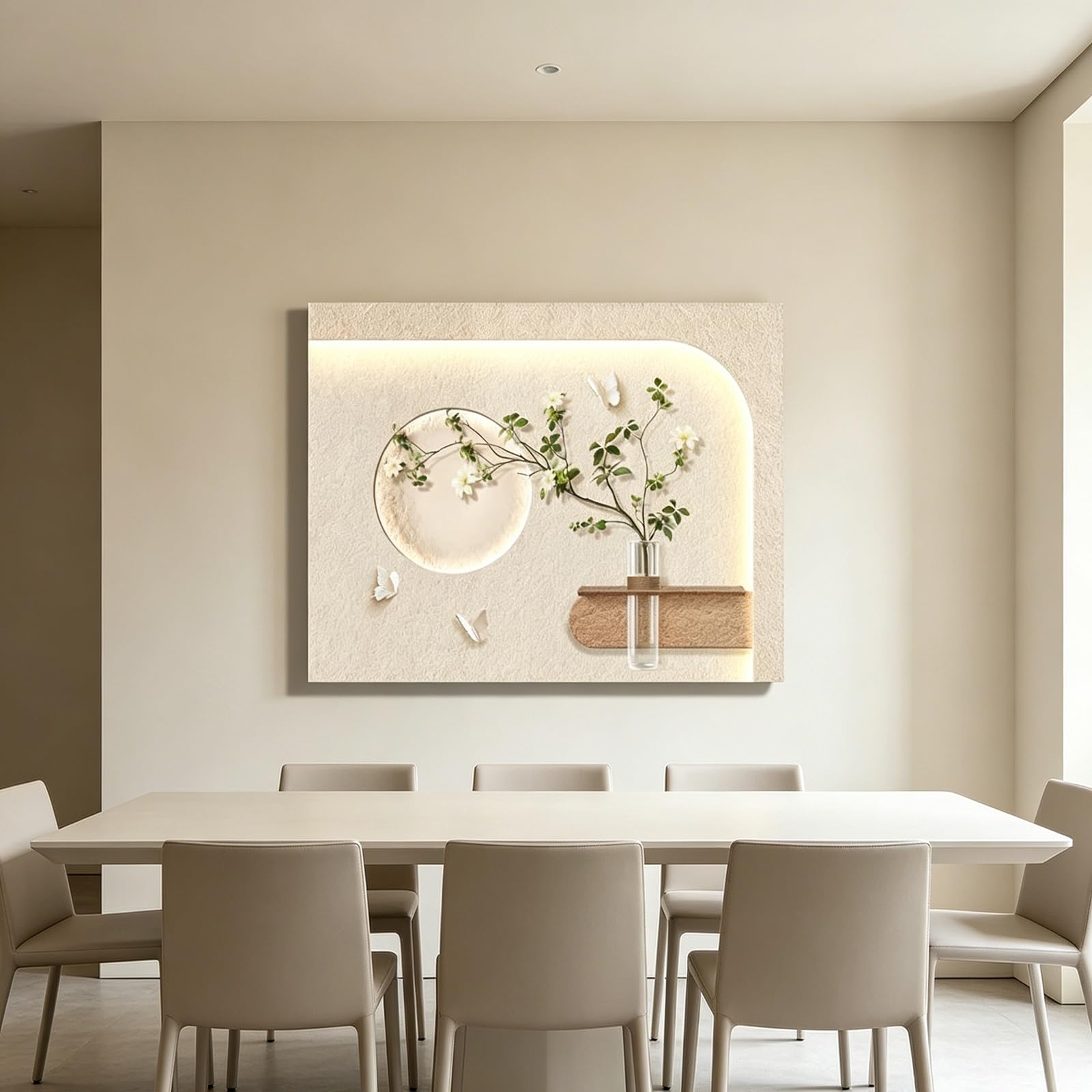 ZCQMSCWW Arte Mural LED 3D en Arenisca, Recorte Redondo con Decoración Mariposa Jarrón Vidrio Flores Blancas Alimentación por Enchufe para Salón Dormitorio(B,90 * 70cm/39.3 * 27.5in)