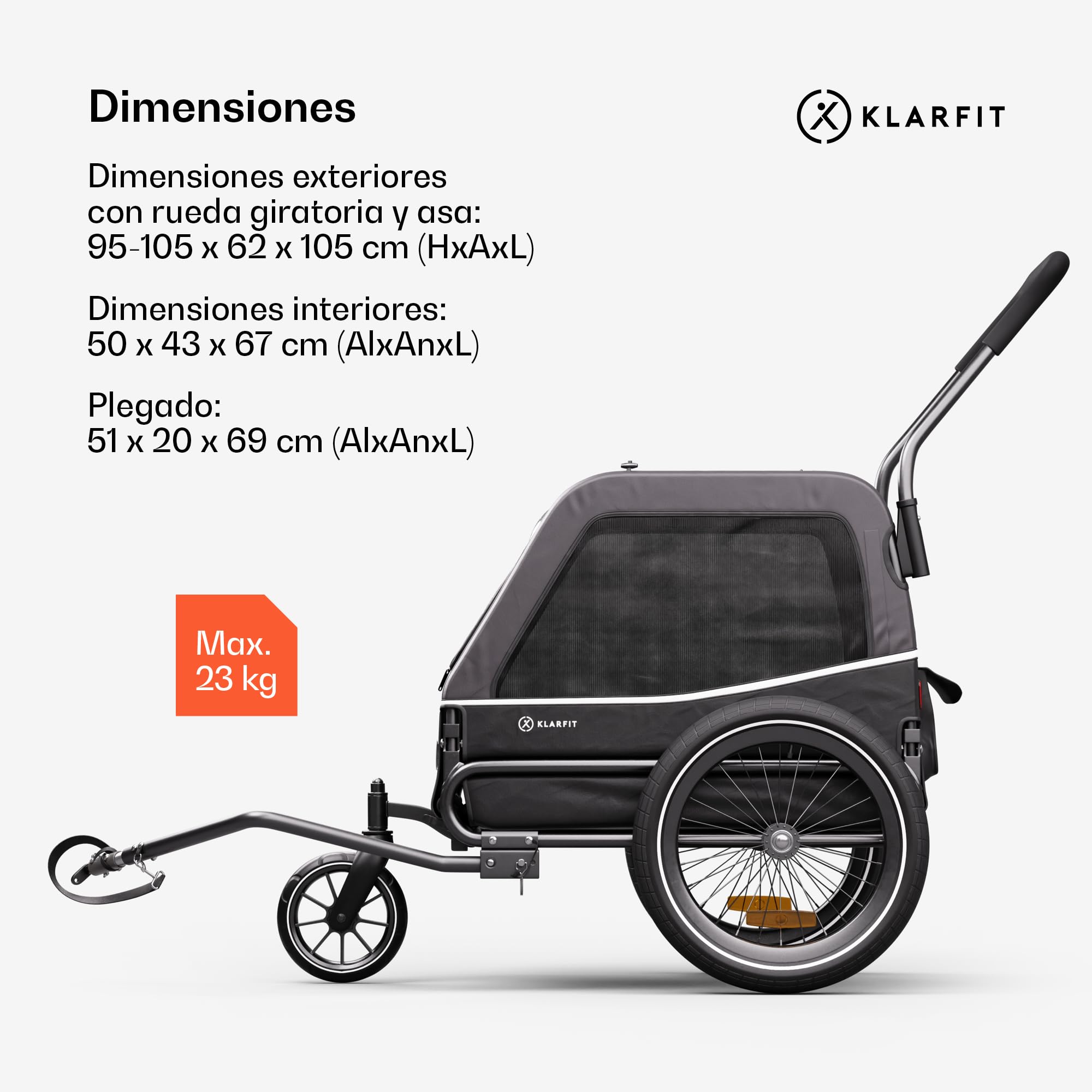 Klarfit Goldie S Remolque Bicicleta Perro, Carro Bici Plegable con Correa Integrada, Poliester Impermeable, Doble Fijación, Reflectores & Cubierta para Lluvia, Carga Máx 45kg, Gris Oscuro