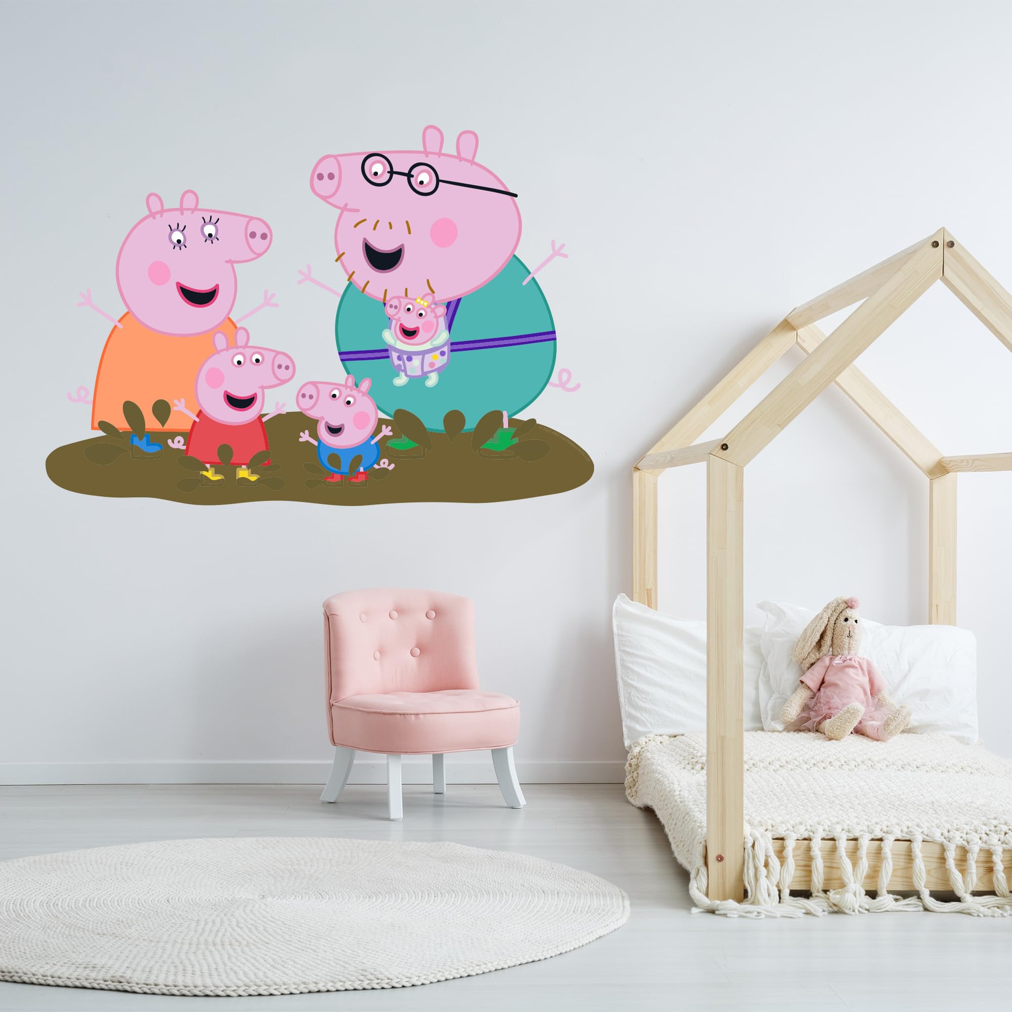 Peppa Pig Wall Sticker - Peppa and Family Jumping in Muddy Puddles Wall Decal Kids Art (60cm Width x 40cm Height)