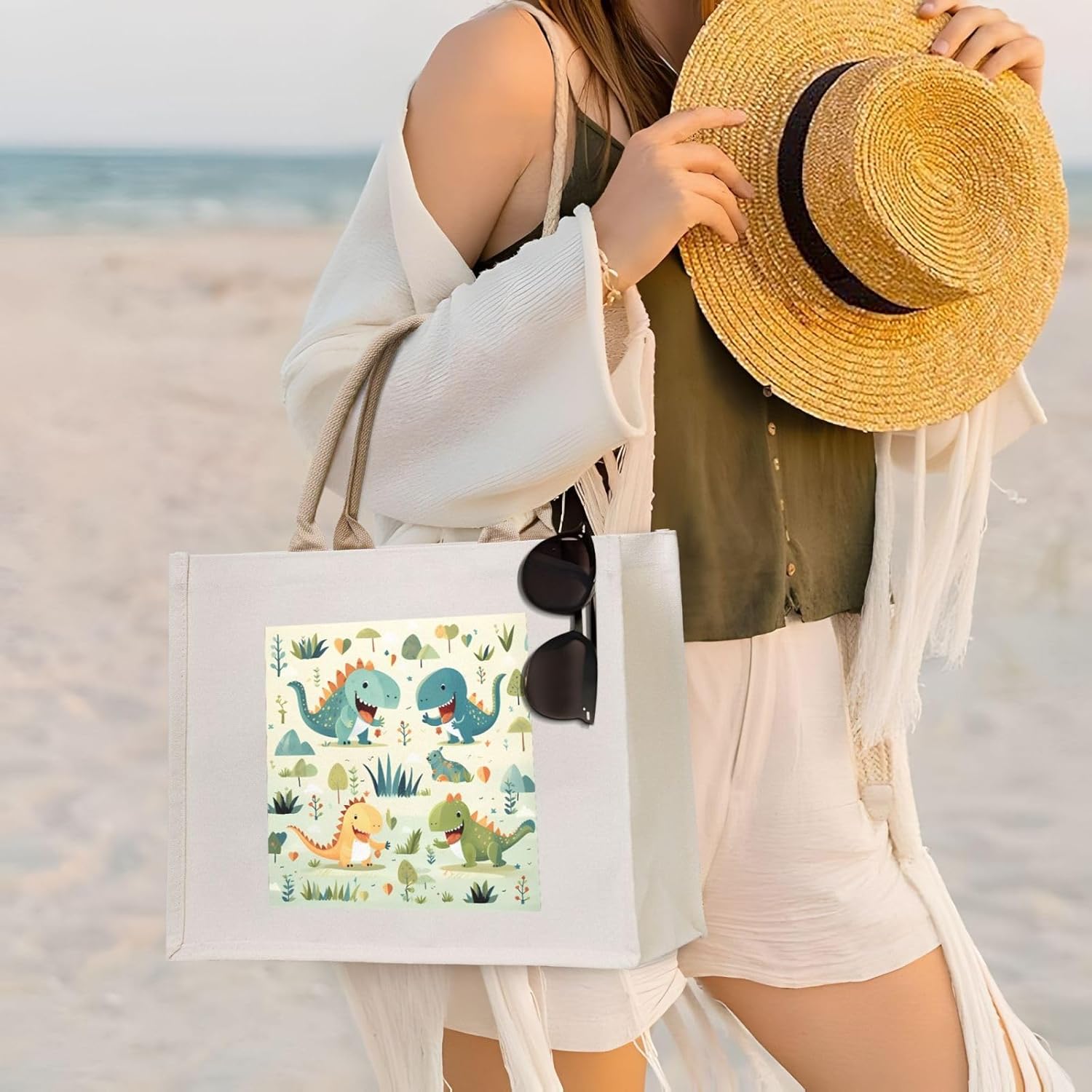 かわいい赤ちゃん恐竜キャンバスキャリートートバッグ &ndash; エコフレンドリーで再利用可能なショッピングバッグ、女性用ショルダーバッグ