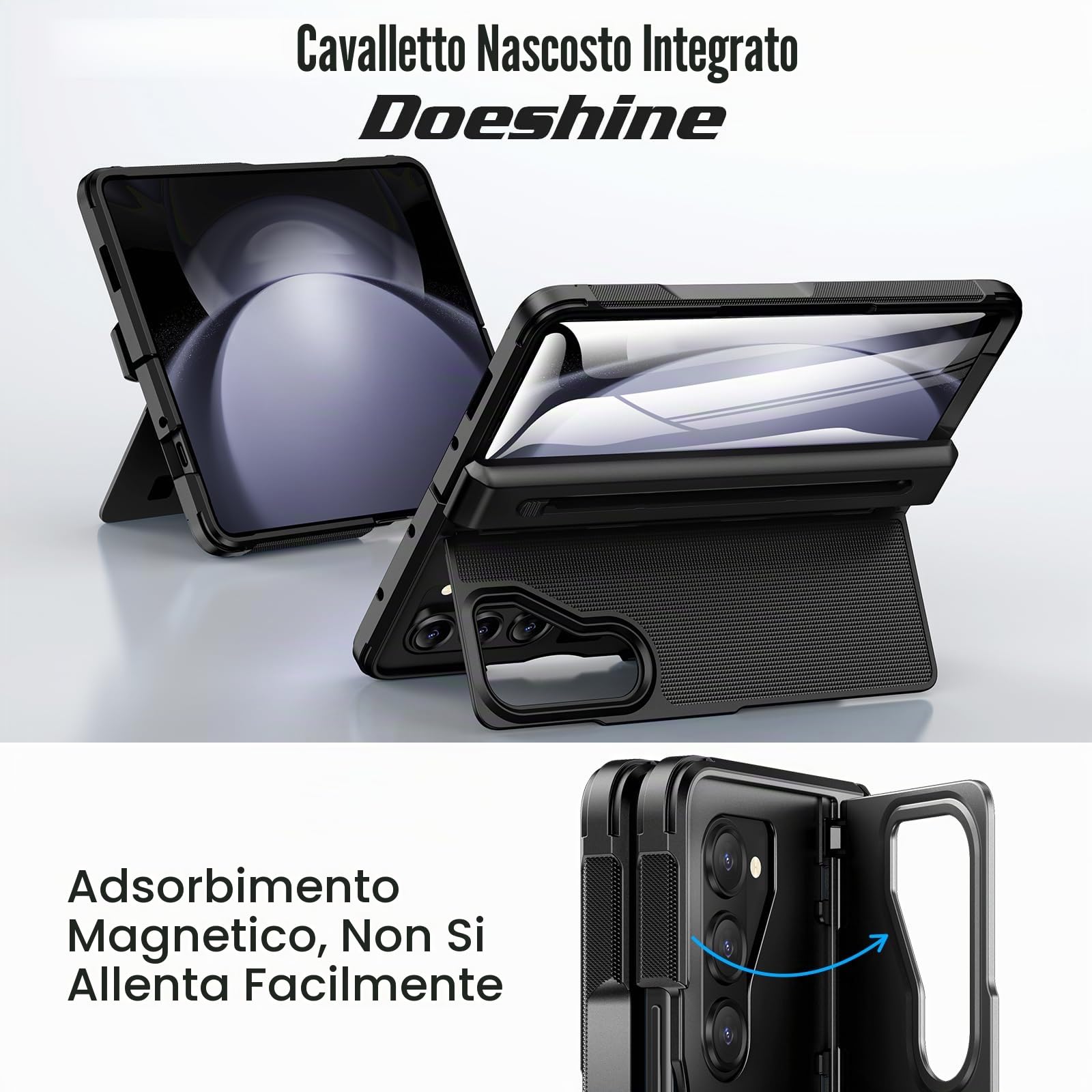 Doeshine Cover Per Samsung Galaxy Z Fold 5 con Supporto, Slot S-Pen Integrato (No S-Pen), [Protezione Cerniera & Pellicola Schermo], Custodia Rigida Robusta per Z Fold 5 Cover Pieghevole (Nero)