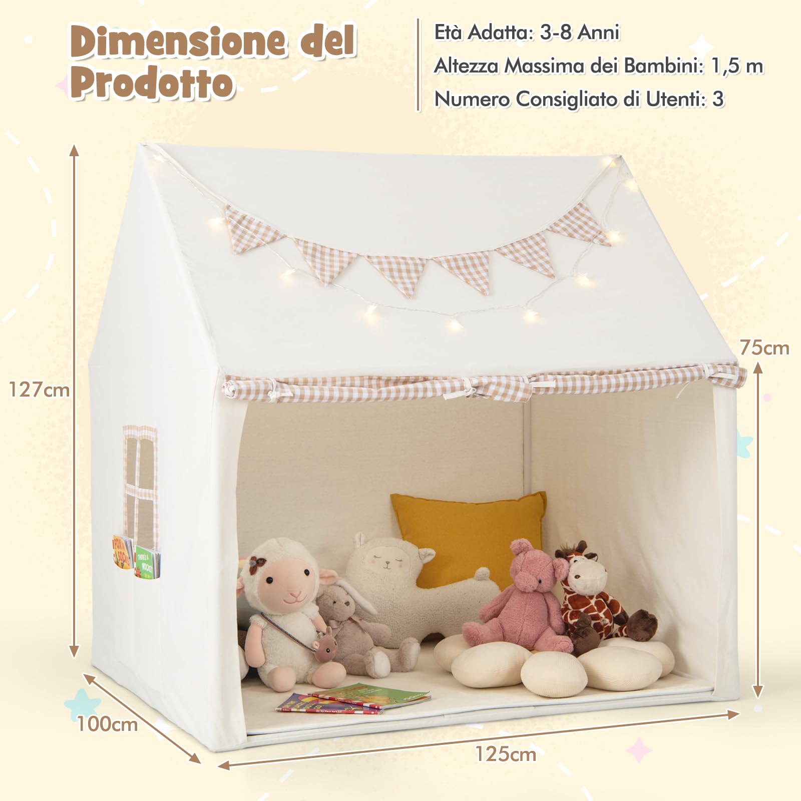 GYMAX Grande Casa Tenda da Gioco, Tenda Casetta con Tappetino Imbottito, Luci a Stella e Bandierine, Tenda da Interna Esterna con Finestre, Porte e Tasche Portaoggetti, Regalo per Bambini 3-8 Anni