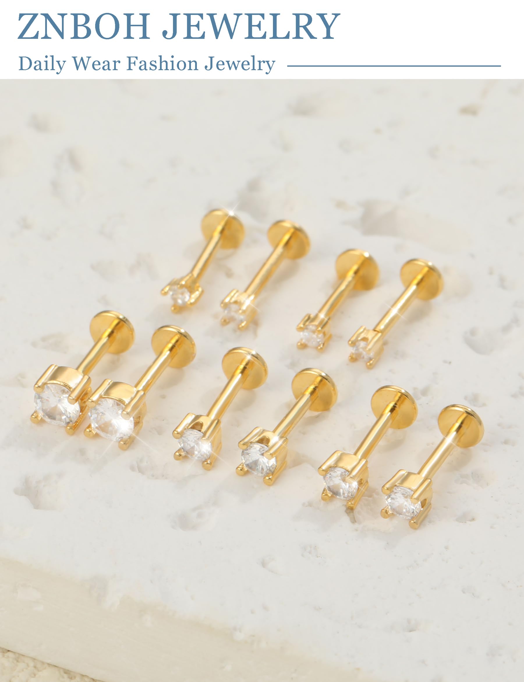 TTDGYYXW 5 Paar Ohrringe mit Flacher Rückseite, goldfarben, fadenlos, Tragus-Knorpel, für Damen und Herren, 925er-Sterlingsilber, 14-karätiges Gold, hypoallergenes Ohrring-Set für mehrere Piercings,