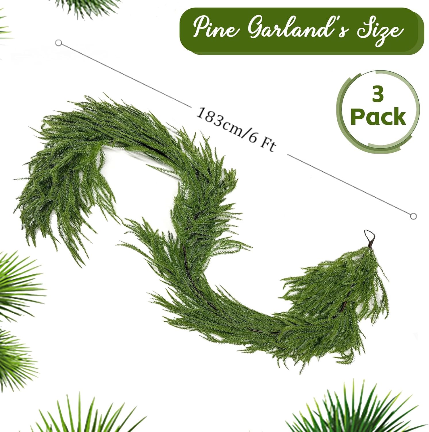 3 Pack 6ft Christmas Garland Decor Artificial Norfolk Pine Garlands, Real Touch Artificial Faux Greenery Garland for Fireplace Mantle, Wall, Stairs, Porch Holiday Indoor Outdoor Decorations - Image 3