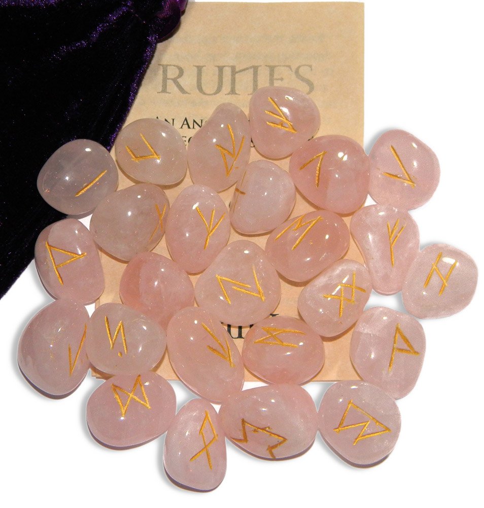 Rose Quartz Love Gemstone Runes with Engraved Lettering, Instruction Leaflet and Velvet Pouch