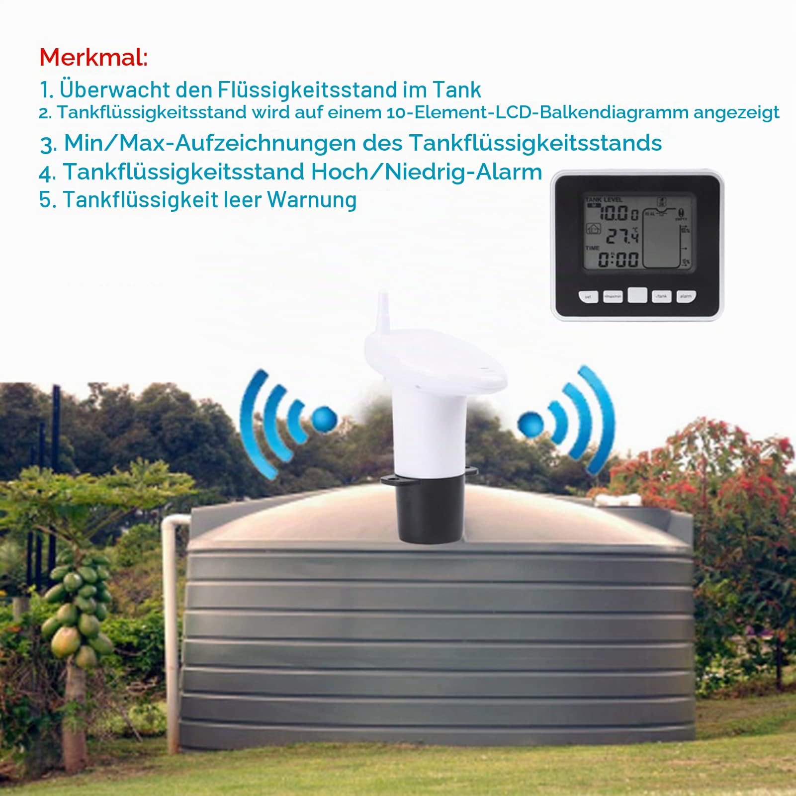 Flüssigkeitsstandsensor - Ultraschall-Füllstandsmesser für Wassertanks, Flüssigkeitsstandsanzeige mit Temperaturanzeige für Wassertanks Im Innenbereich Bis zu 100M