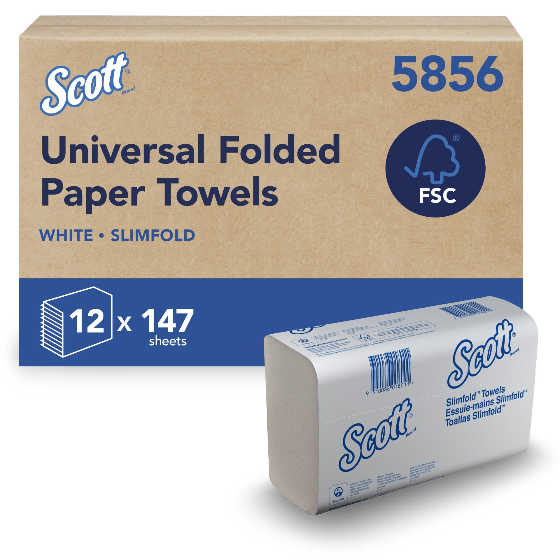 Ręczniki do rąk Scott 5856 Slimfold — 16 opakowań x 110 białych, 1-warstwowych arkuszy