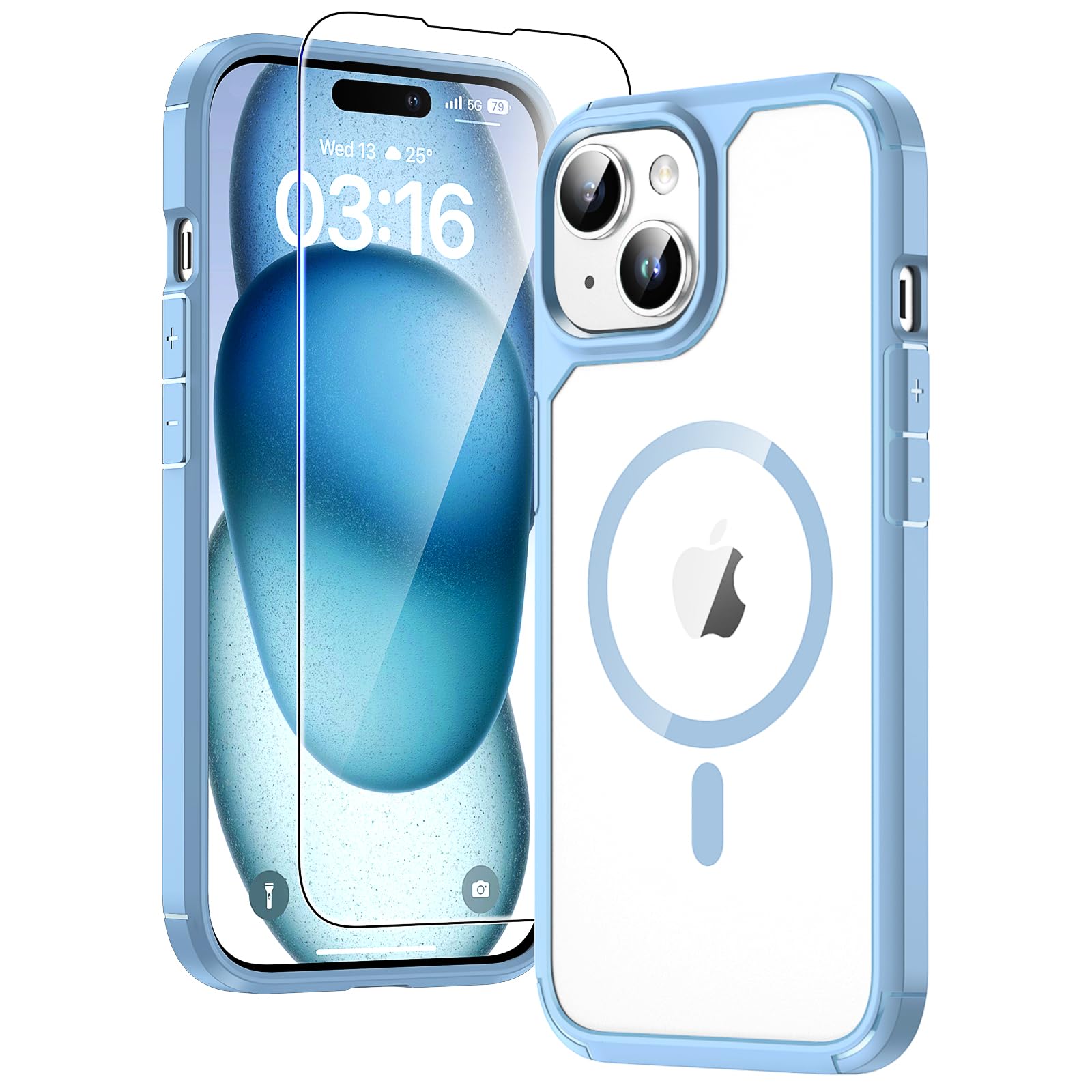 TAURI Coque Magnétique pour iPhone 15 avec Protection D'écran en Verre Trempé, [Compatible avec MagSafe] Protection Militaire Anti-Choc Mince - Bleu