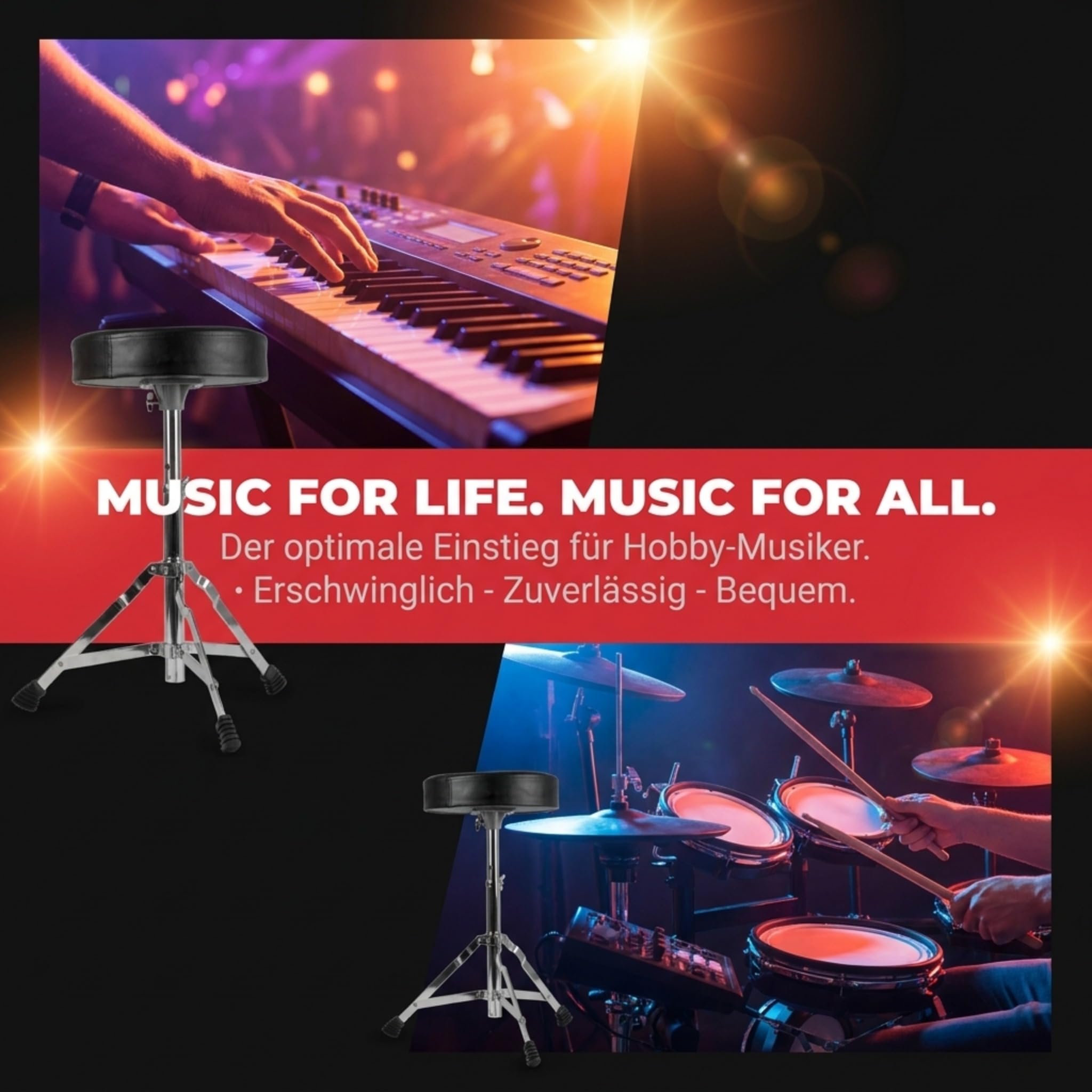 Technote RockJam Verstellbarer Schlagzeughocker, gepolsterter Drehsitz für akustische und elektronische Drumsets, 45-55 cm Höhe, klappbar, Schwarz
