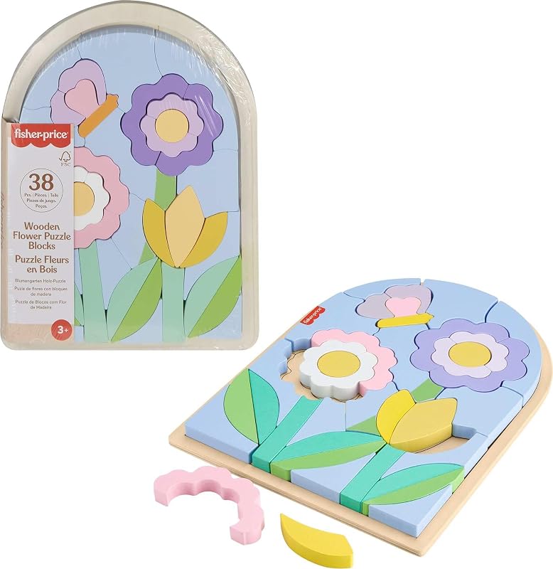 Wood Preschool Toy Flower Puzzle Blocks, 38-Piece Wooden Stacking Set for Developmental Play Kids Ages 3+ Years