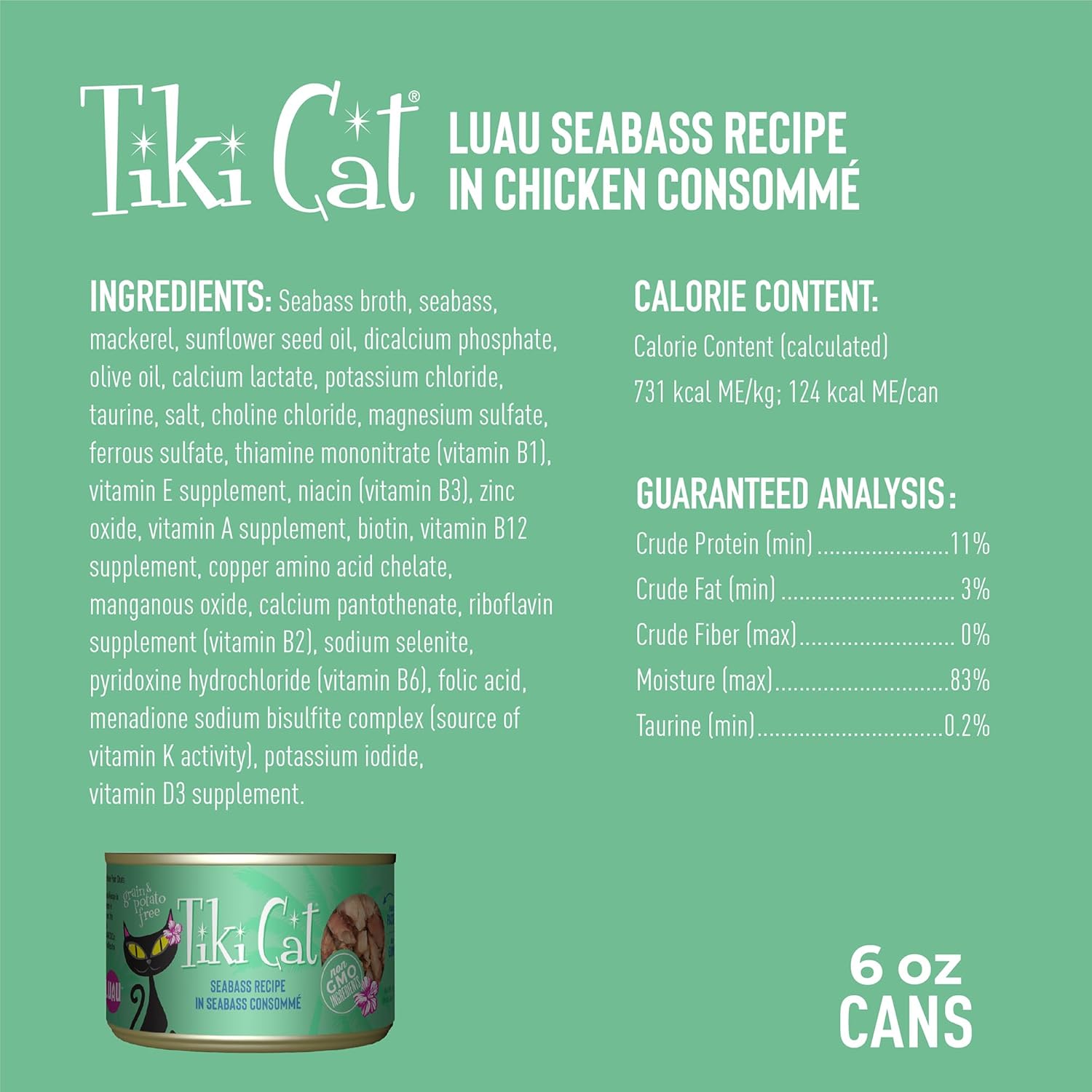 Tiki Cat Luau Shredded Meat, Seabass Recipe in Seabass Consumme, Grain-Free Balanced Nutrition Wet Canned Cat Food, For All Life Stages, 6 oz. Can (8 Count)