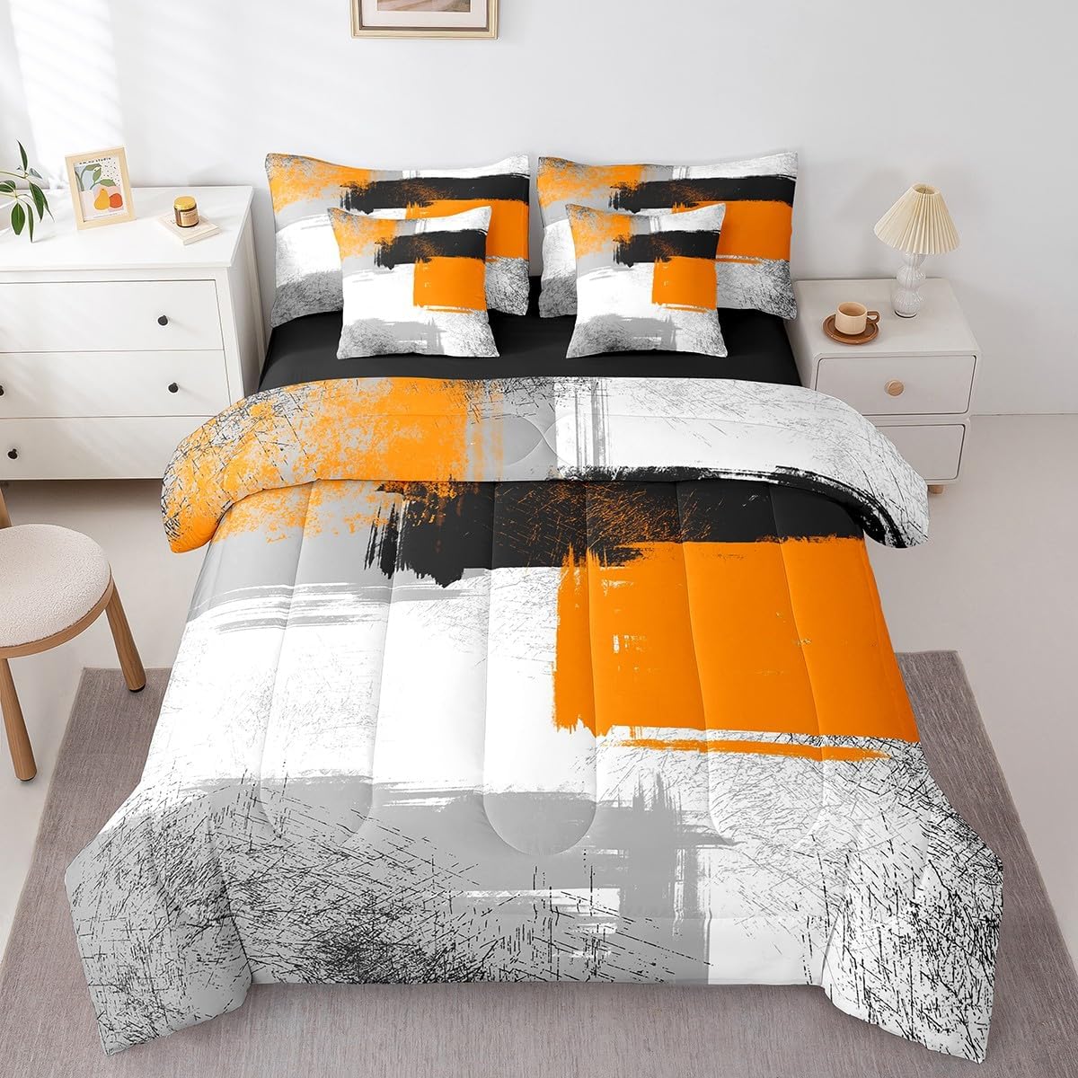 Feelyou Orange Black Grey White 7 Piece Bedding Set Abstract Bed Set Includes Comforter, Sheet Set, Pillowcases & Pillow Covers Queen Size Ombre Modern 7 Piece Bedding Set Bedroom Decor Buffalo Check