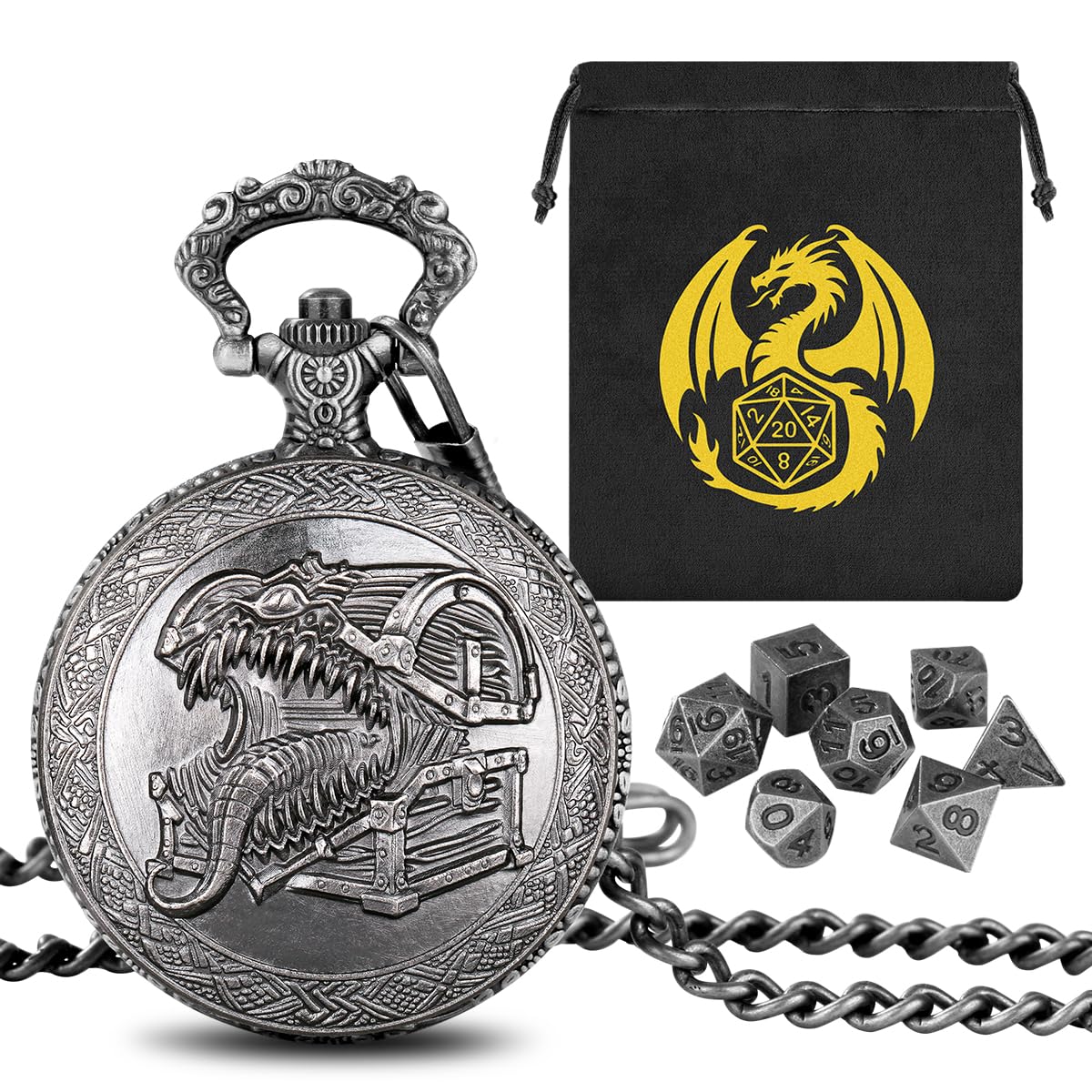 Mini DND Dice Set with Steampunk Tongue Treasure Chest Pocket Watch Shell Case, 7-Piece Polyhedral Metal D&D Dice, DND Gift Bag with Dragon Logo, Role