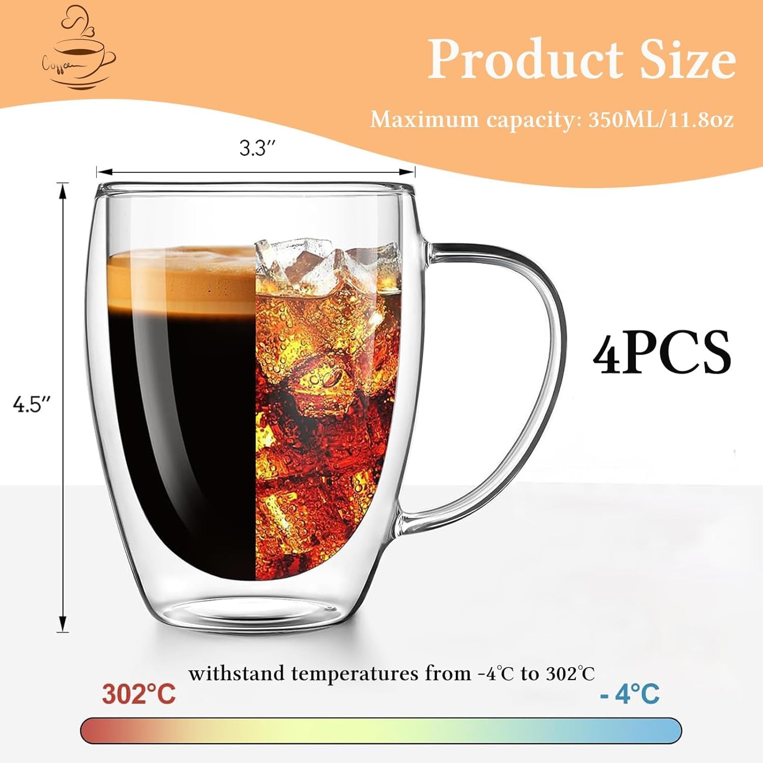 Doppelwandige Kaffeegläser, Set von 4 Cappuccino Latte Teetassen mit Griff, 350ml hitzebeständiger Thermobecher, für Heiße/Kalte Getränke, Spülmaschinenfest, Perfekt für Espresso