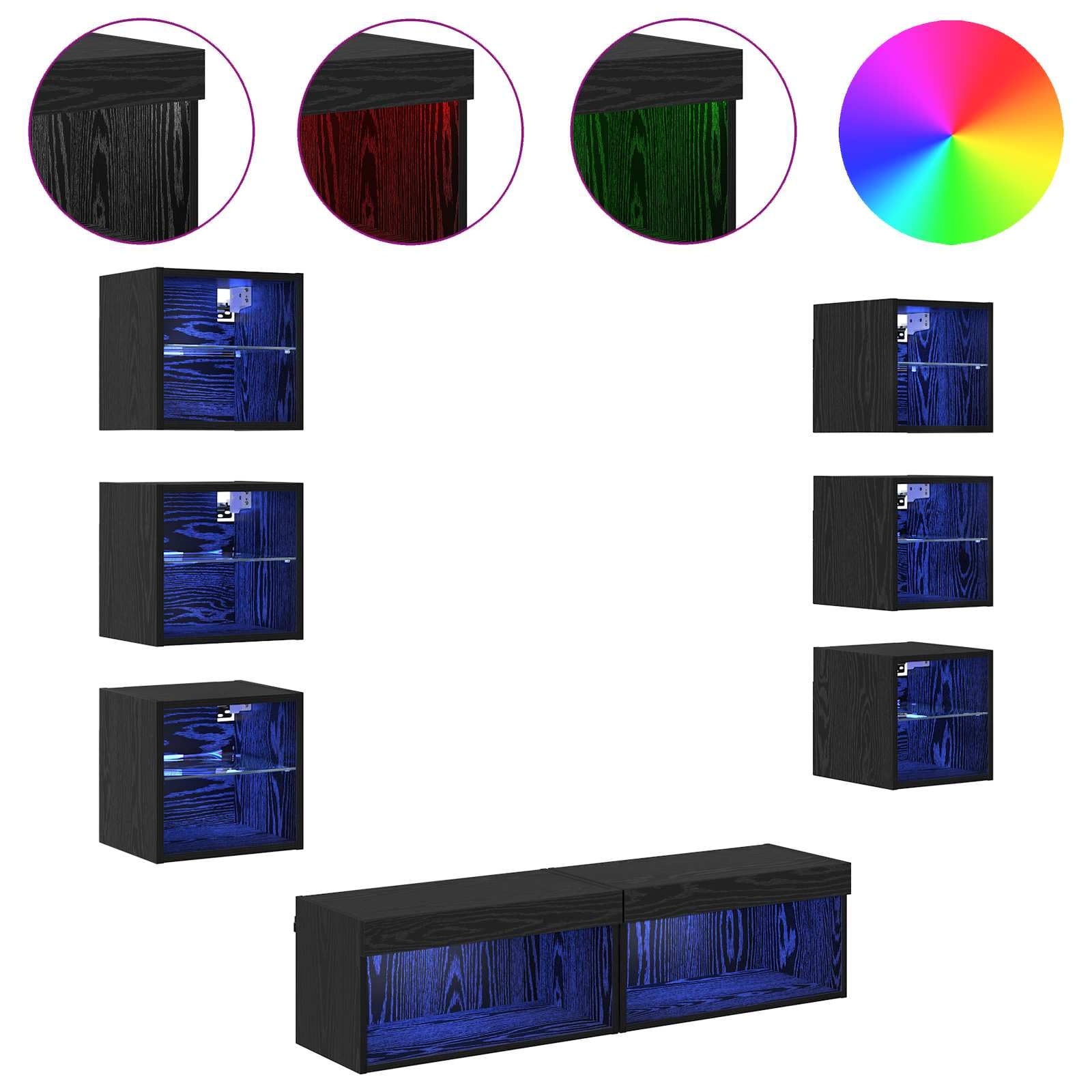 Mueble de TV con tiras de luz LED, efecto roble negro, 8 piezas, montaje en pared, con cajón, compartimento, estante y espacio de almacenamiento para sala de estar, cine en casa, juegos
