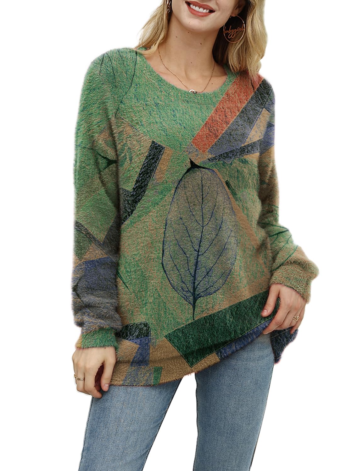 YESNO Women Christmas Sweater Graphic Printed Oversized Pullover Sweaters Casual Loose Knit Tops S01