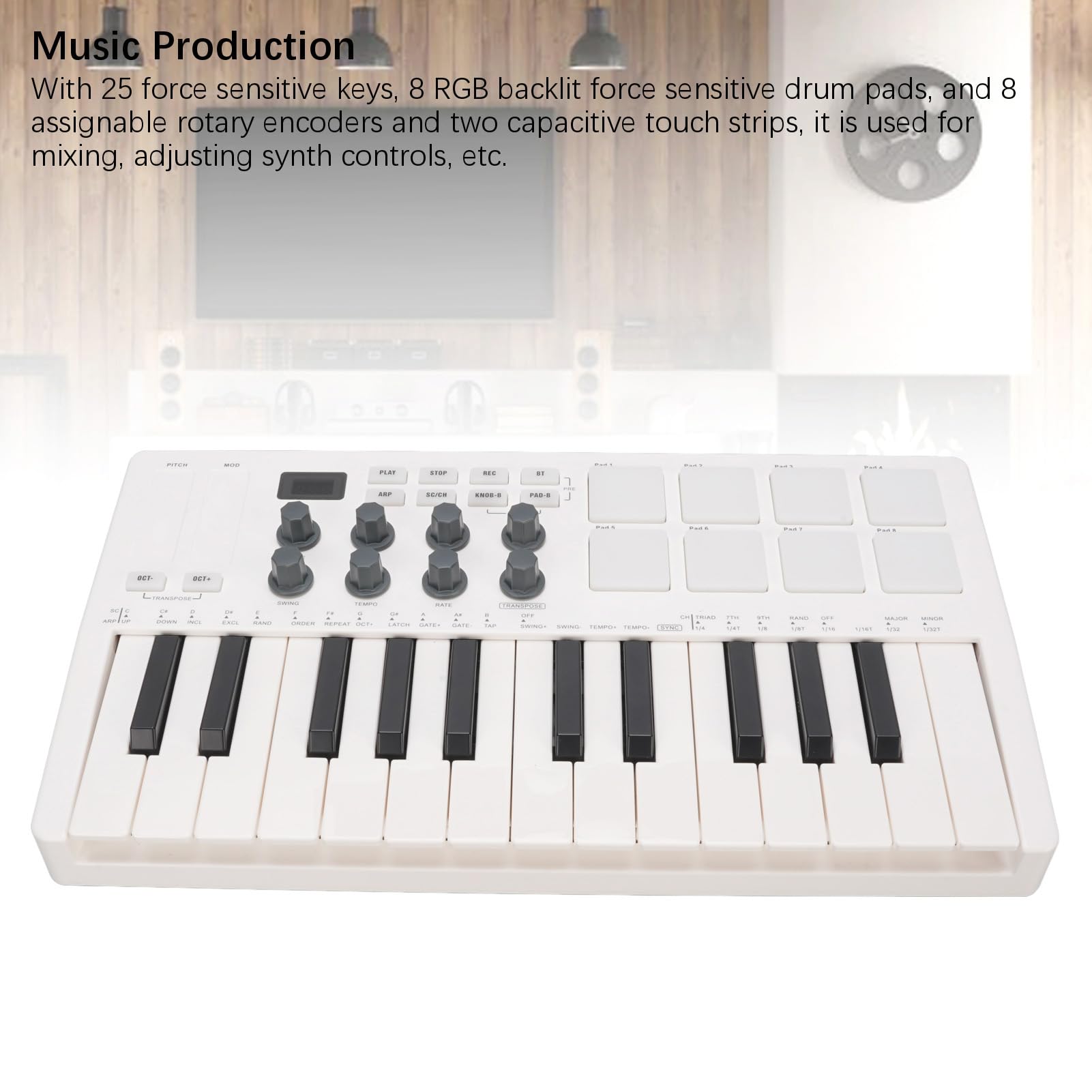 Controlador de Teclado MIDI Bluetooth Portátil, Controlador MIDI de 25 Llaves con 8 Almohadillas de Batería Retroiluminadas y 8 Perillas, para Producción Musical de Músicos