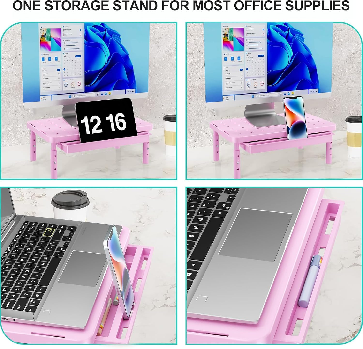 WALI Computer Monitor Stand with Storage, Desk Monitor Riser 3 Height Adjustable, Laptop Riser with Airflow Vents, Desk Organizer for Computer, Laptop, Printer (PTT002-P), 1 Pack, Pink