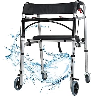 Andador vertical com assento, andador com rodas, andador ajustável em altura com freio e rodas, auxílios de mobilidade auxiliares de reabilitação leves e dobráveis para idosos com deficiência