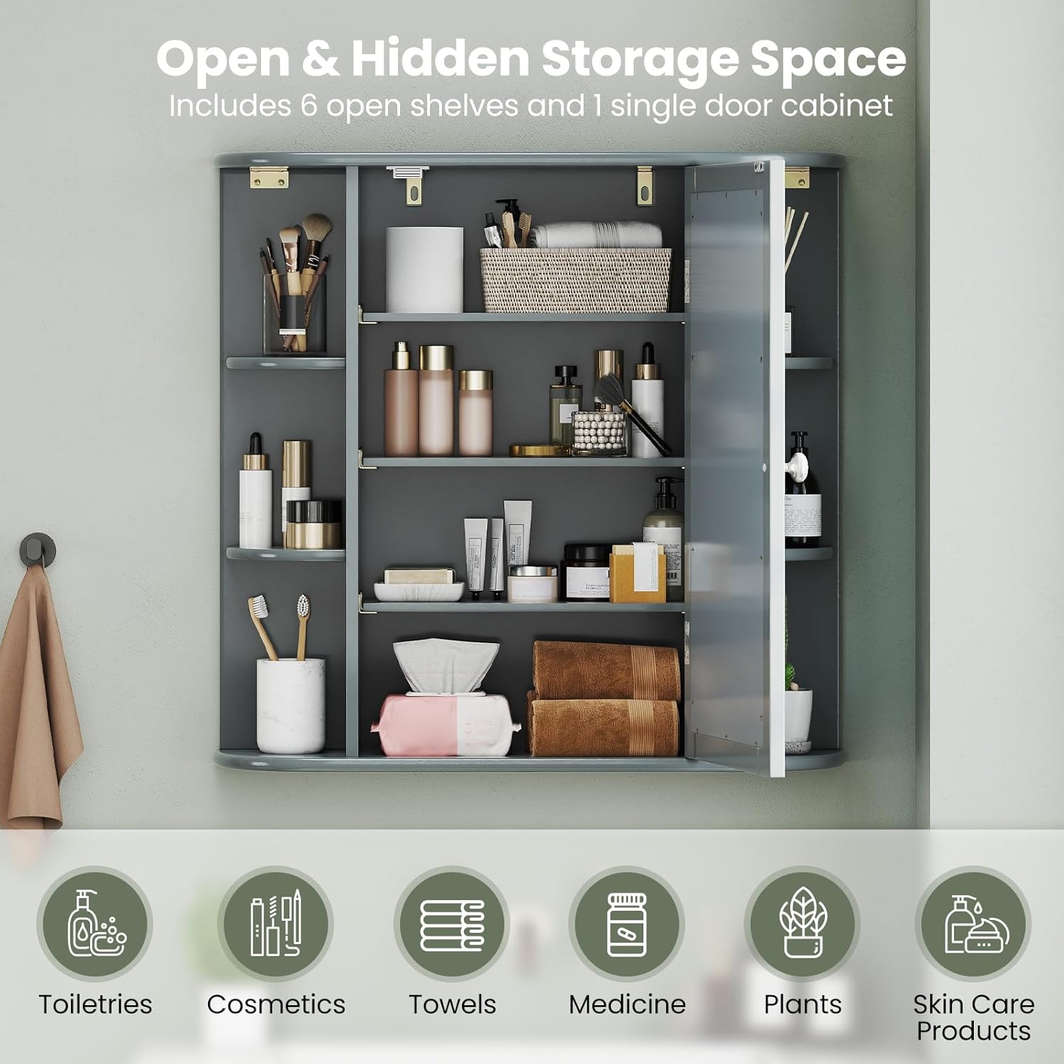 Giantex Bathroom Mirror Cabinet, Wall Mounted Medicine Cabinet with Mirrored Door & 4 Interior Shelves, 6 Open Shelves, Mounting Hardware, Space-Saving Storage Cabinet
