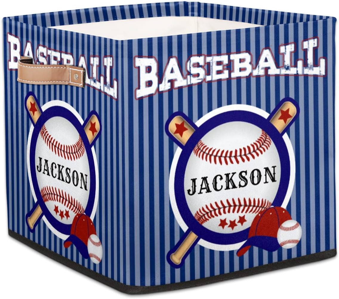 Custom Storage Baskets Personalized Storage Bins Basket Boxes with PU Leather Handles for Clothes Bedroom Closet Organizing Toys Books Shelves Storage Boxes-Baseball Star