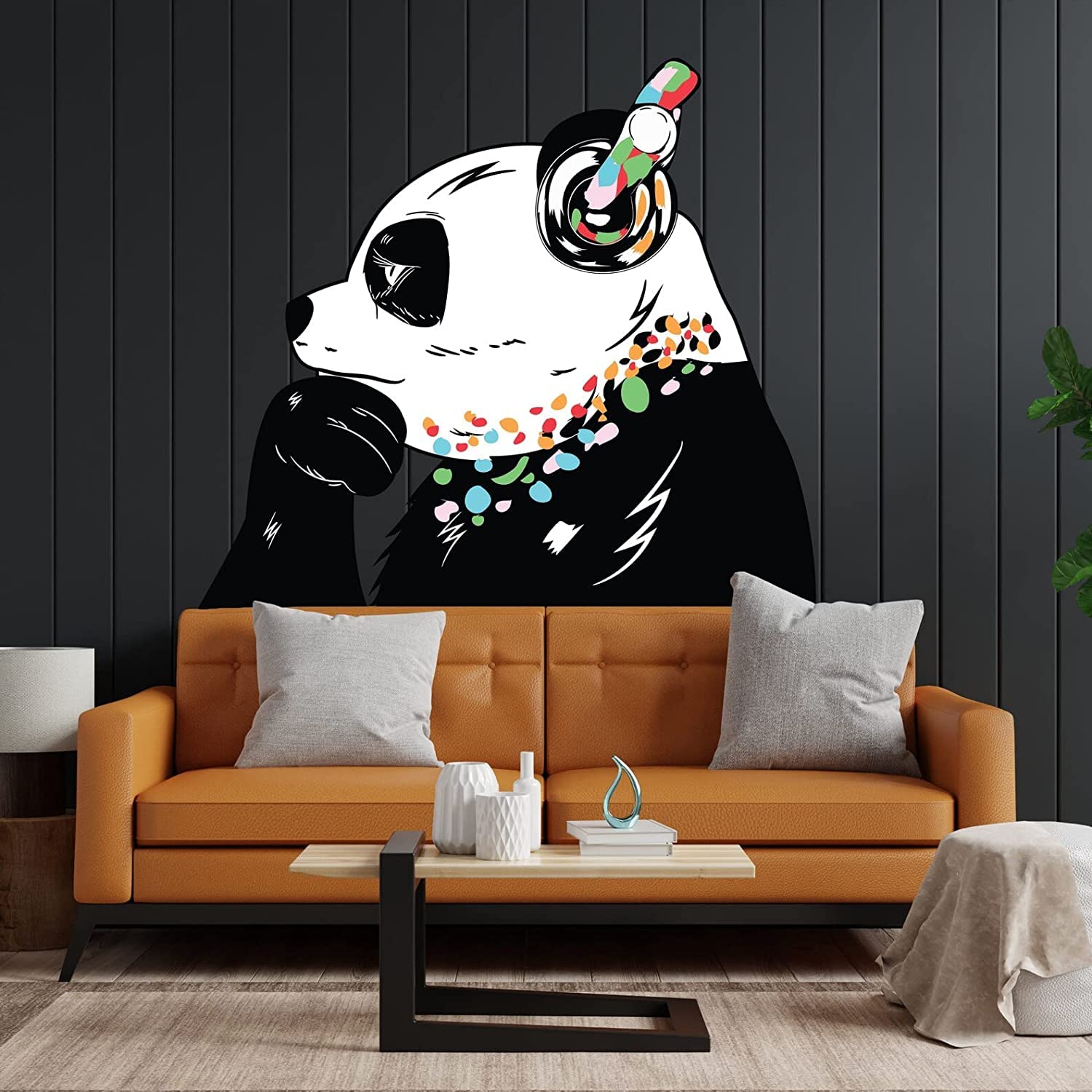 Panda Wandaufkleber – Thinking DJ Panda Bear Kopfhörer Vinyl Aufkleber – lustige coole Graffiti Musik Denker Pandas schwarz großes Wandbild (240 x 166 cm)