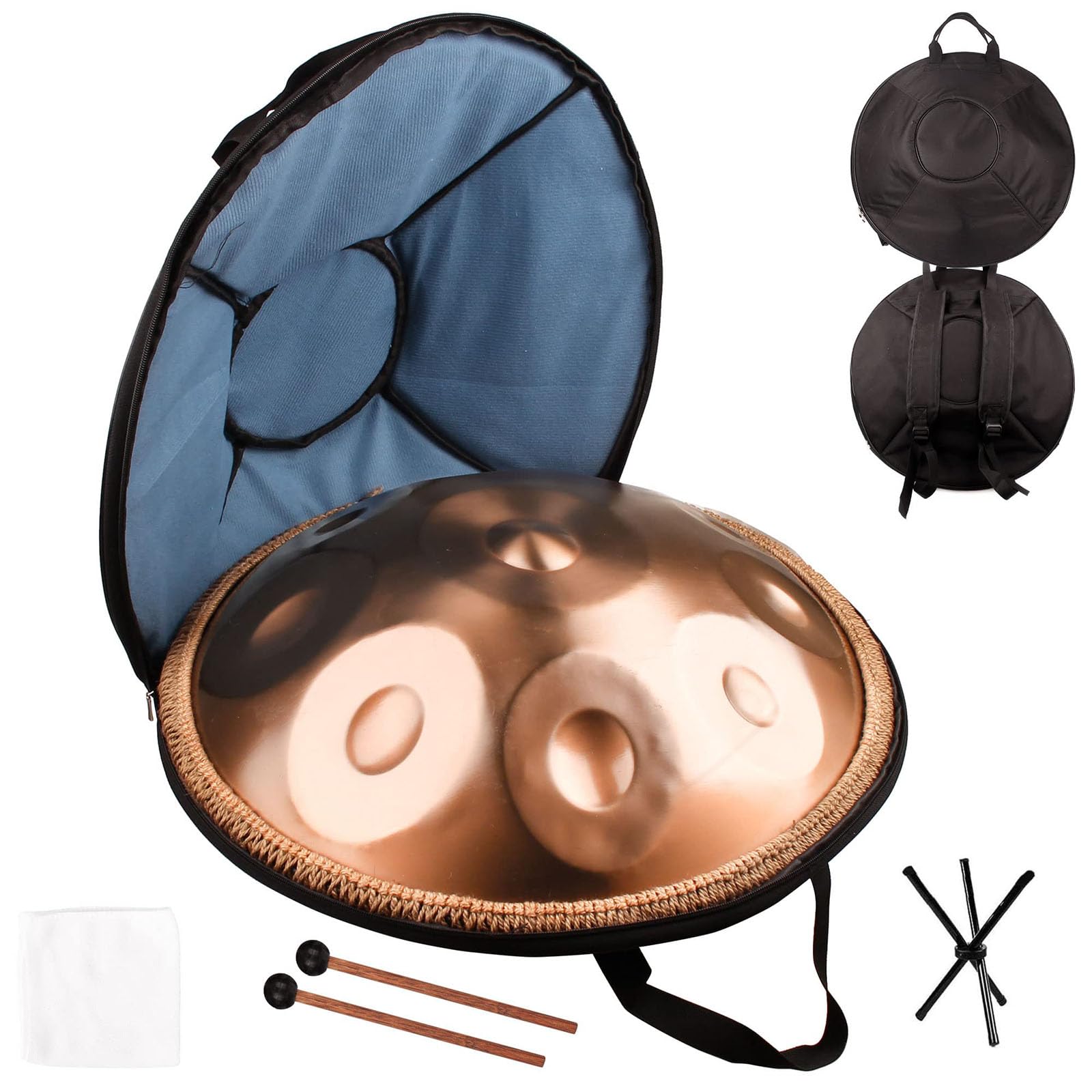 Handpan w tonacji d-moll, instrument perkusyjny, 10 nut, 22 cale, stalowy bęben Handpan dla dorosłych, koncertowy, złoty, z torbą transportową