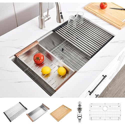 33x19 Undermount Kitchen Sink Workstation, WATERLACE Premium 16 Gauge 304 Stainless Steel Workstation Ledge Undermount Deep Sink, 33 Inch Single Bowl with Accessories