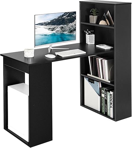 Miniatura 1 de IFANNY - Escritorio negro para computadora con estantería, moderno escritorio de oficina en casa con estantes de almacenamiento y soporte de CPU,