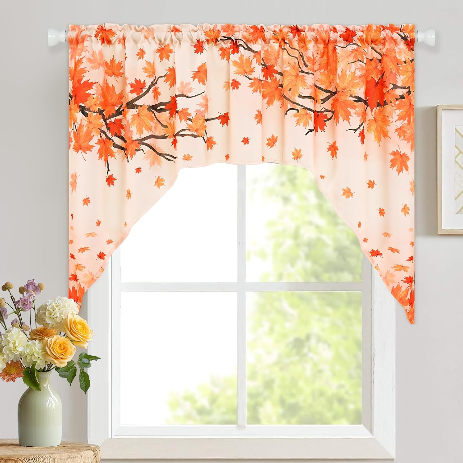 Yinhua Fall Valance for Kitchen Thanksgiving Swag Curtain Maple Leaves Window Valance Fall Rod Pocket Valances for Windows, Cafe, Autumn, 60" W x 36" L, 1 Panel