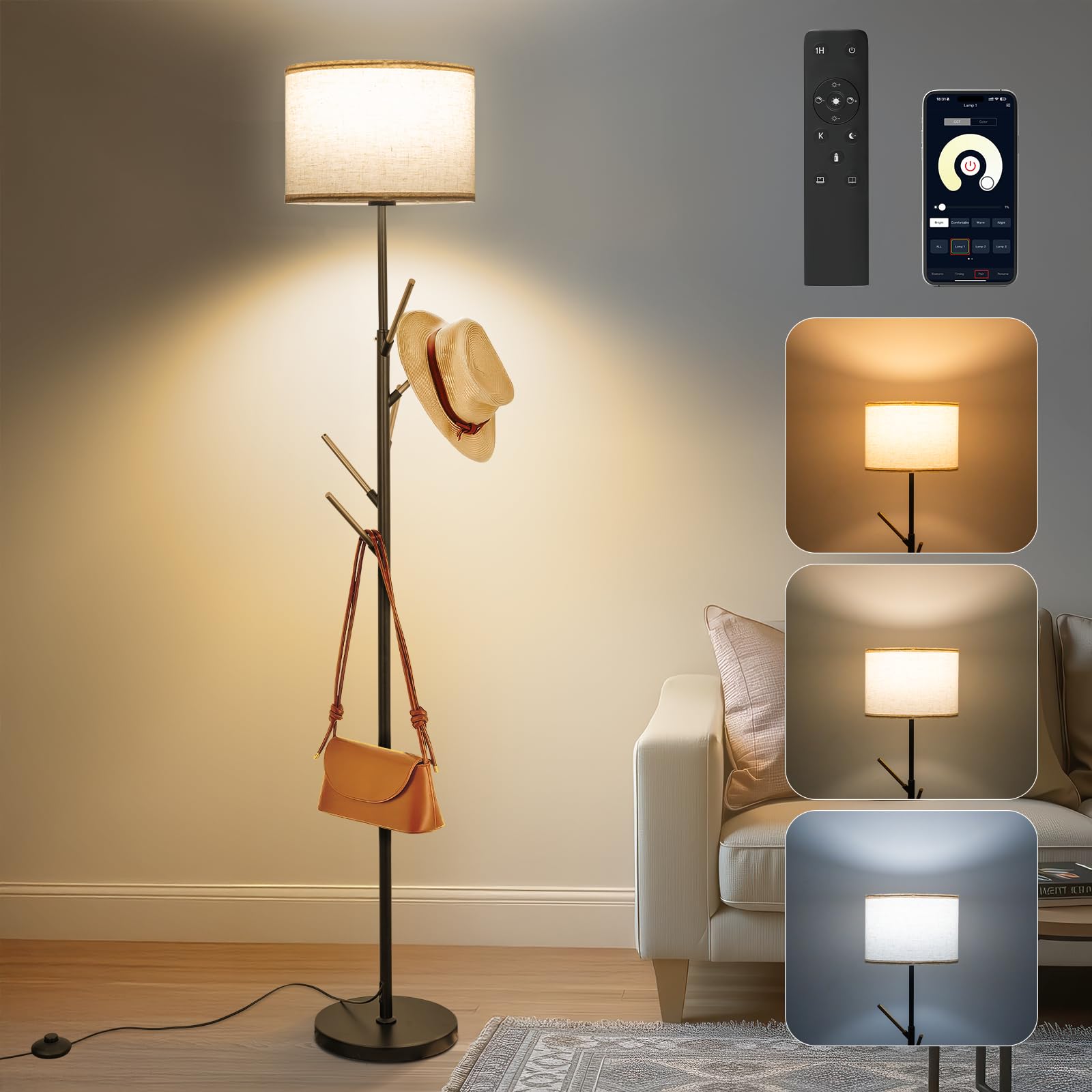 CRLL Floor Lamp for Living Room with Remote, Coat Rack, APP & Foot Switch, Tall Standing Lamp, 3 Color Temperatures Dimmable, LED Standard Corner Lamp for Bedroom Office Dorm Room