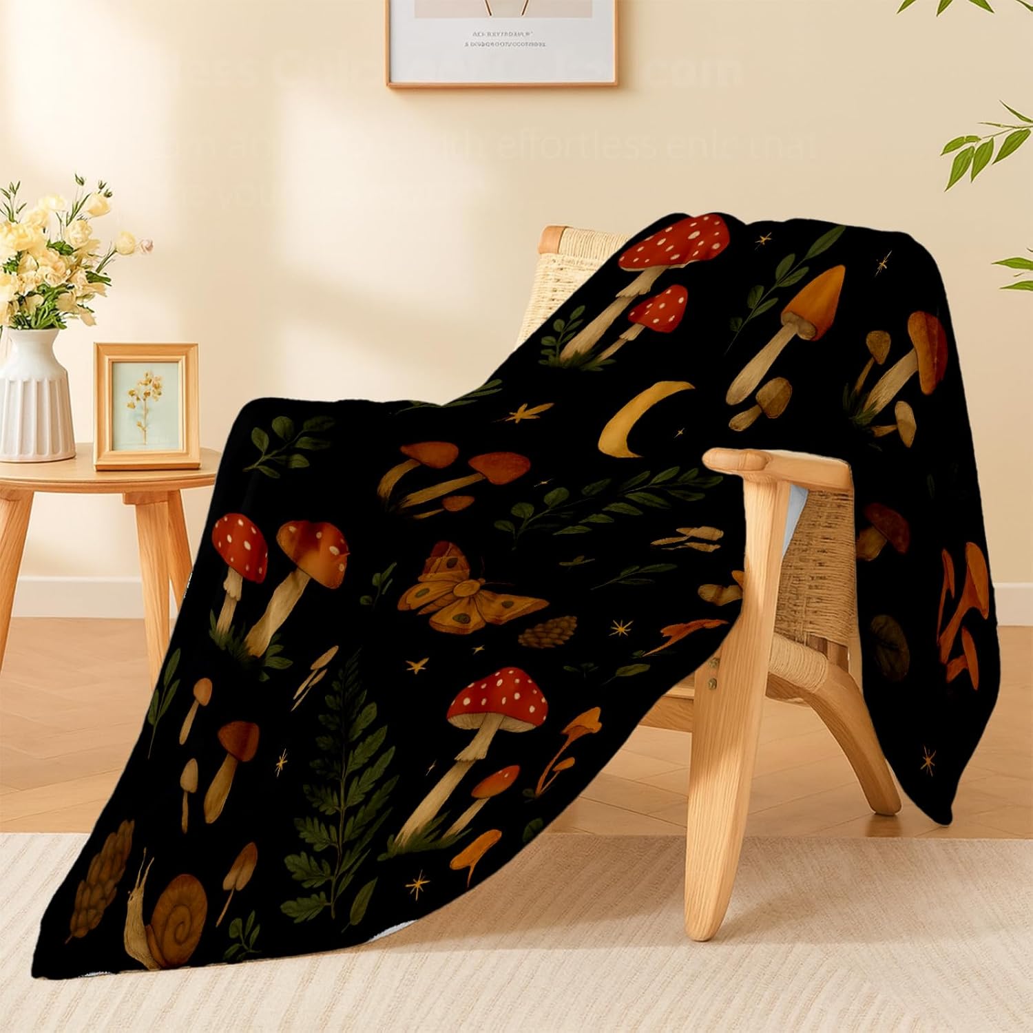 Forest Mushroom and Moth Blanket, Lightweight Cozy Leaves, Snails, Pinecones and Crescent Moon Throw Blanket Gifts for Women Men Kids, 60×80 Inch Soft Warm Flannel Throws for Bed Decor Travel Couch