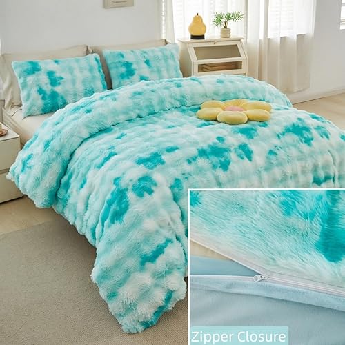 Miniatura 63 de SUCSES Faux Fur Duvet Cover Set Twin Size, Tie Dye Rainbow Plush Shaggy Girls Bedding Set, Soft Velvet Fluffy Fuzzy Ombre Comforter Cover Set