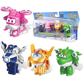 Super Wings Transform-a-Bots 4 Pack with S5 Paul Dizzy & Golden Boy & Mira Pink Yellow Blue Green